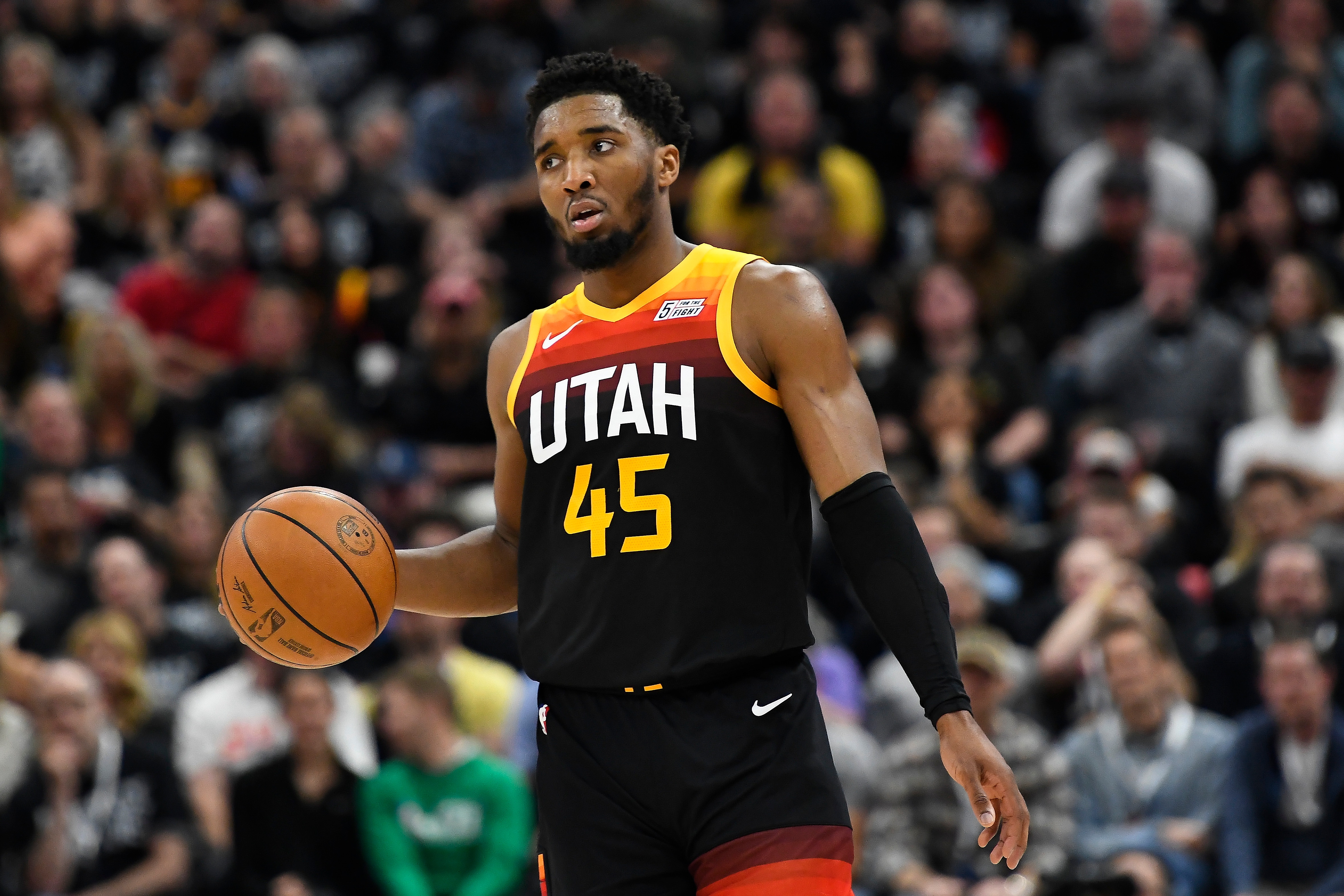 SALT LAKE CITY, UTAH - APRIL 28: Donovan Mitchell #45 of the Utah Jazz in action during the second half of Game 6 of the Western Conference First Round Playoffs against the Dallas Mavericks at Vivint Smart Home Arena on April 28, 2022 in Salt Lake City, Utah. NOTE TO USER: User expressly acknowledges and agrees that, by downloading and/or using this Photograph, user is consenting to the terms and conditions of the Getty Images License Agreement. (Photo by Alex Goodlett/Getty Images)