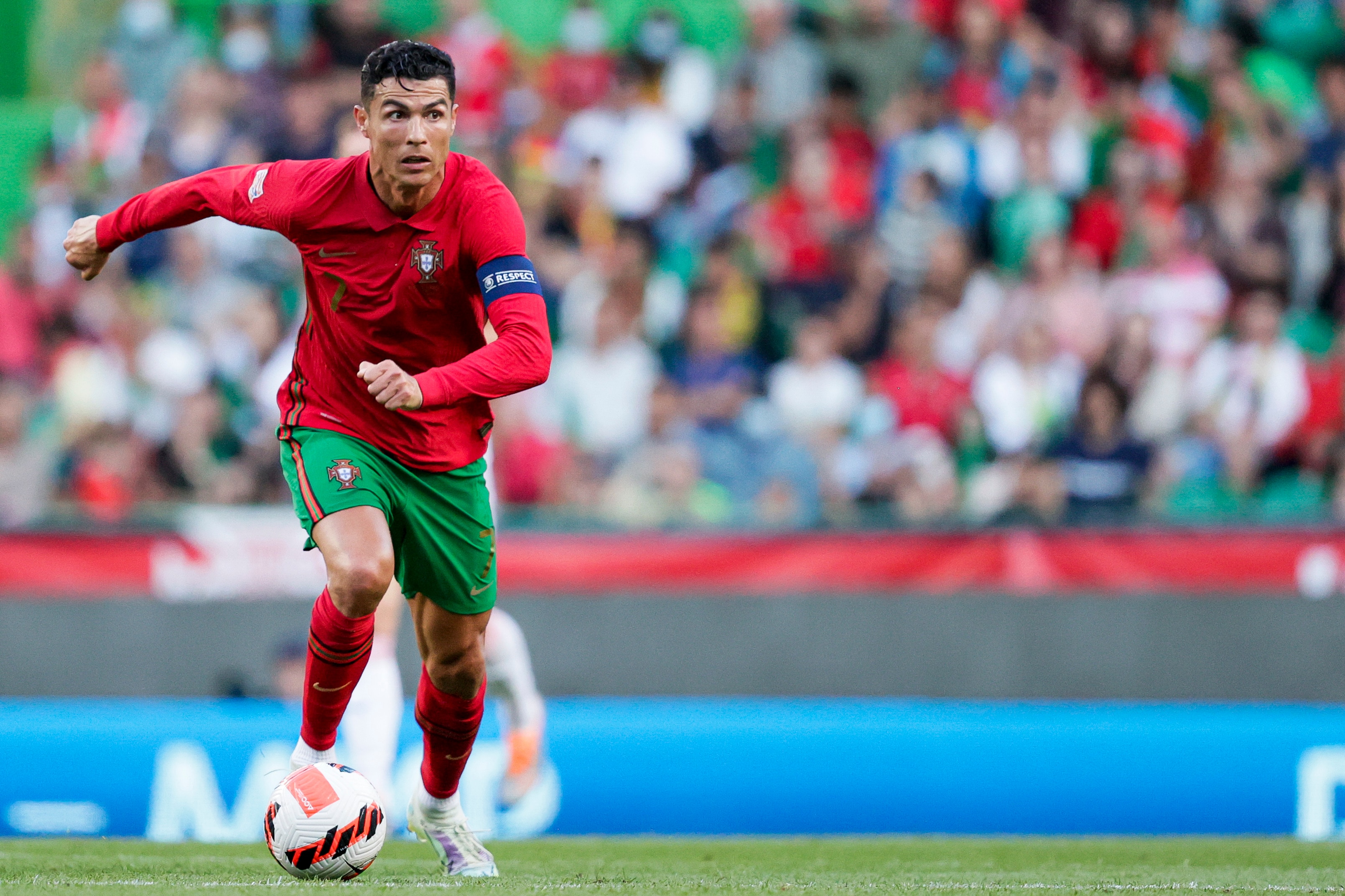 , PORTUGAL - JUNE 9: Cristiano Ronaldo of Portugal during the  UEFA Nations league match between Portugal  v Czech Republic at the Estadio Jose Alvalade on June 9, 2022 (Photo by David S. Bustamante/Soccrates/Getty Images)