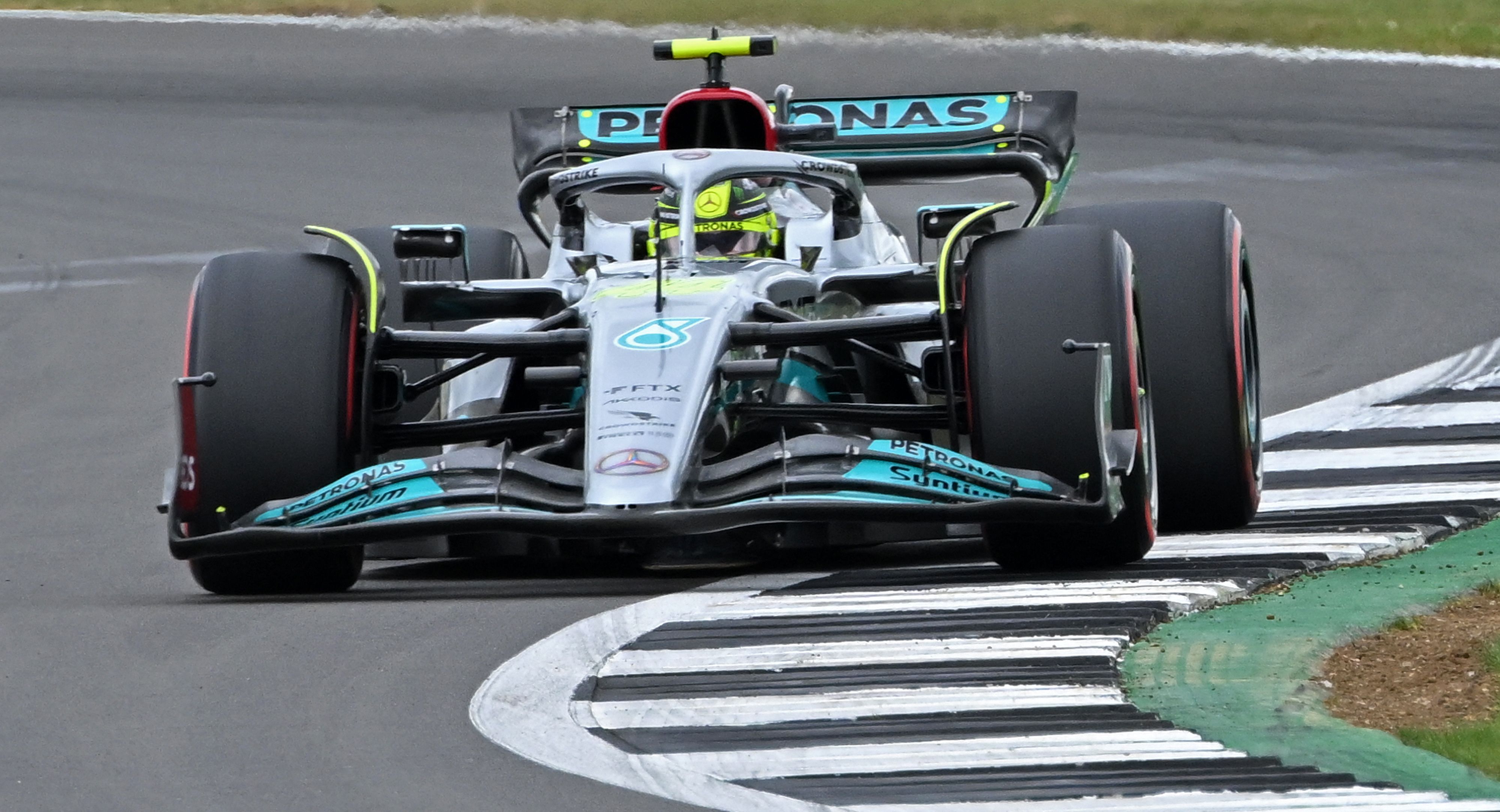 Mercedes' British driver Lewis Hamilton drives during third practice ahead of the Formula One British Grand Prix at the Silverstone motor racing circuit in Silverstone, central England on July 2, 2022. (Photo by JUSTIN TALLIS / AFP) (Photo by JUSTIN TALLIS/AFP via Getty Images)