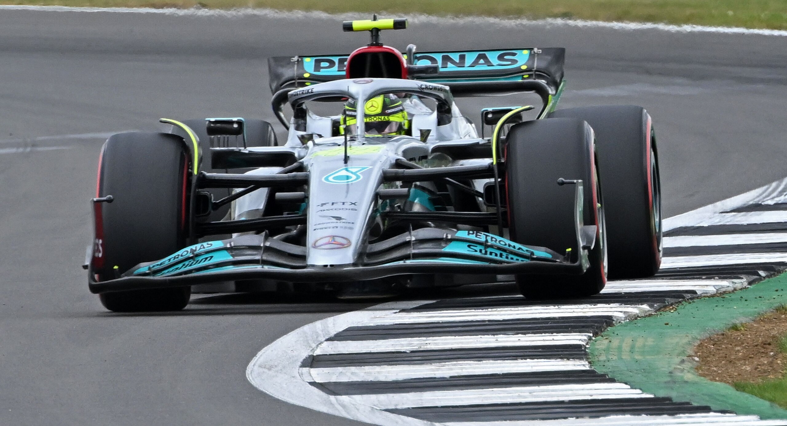 Mercedes' British driver Lewis Hamilton drives during third practice ahead of the Formula One British Grand Prix at the Silverstone motor racing circuit in Silverstone, central England on July 2, 2022. (Photo by JUSTIN TALLIS / AFP) (Photo by JUSTIN TALLIS/AFP via Getty Images)