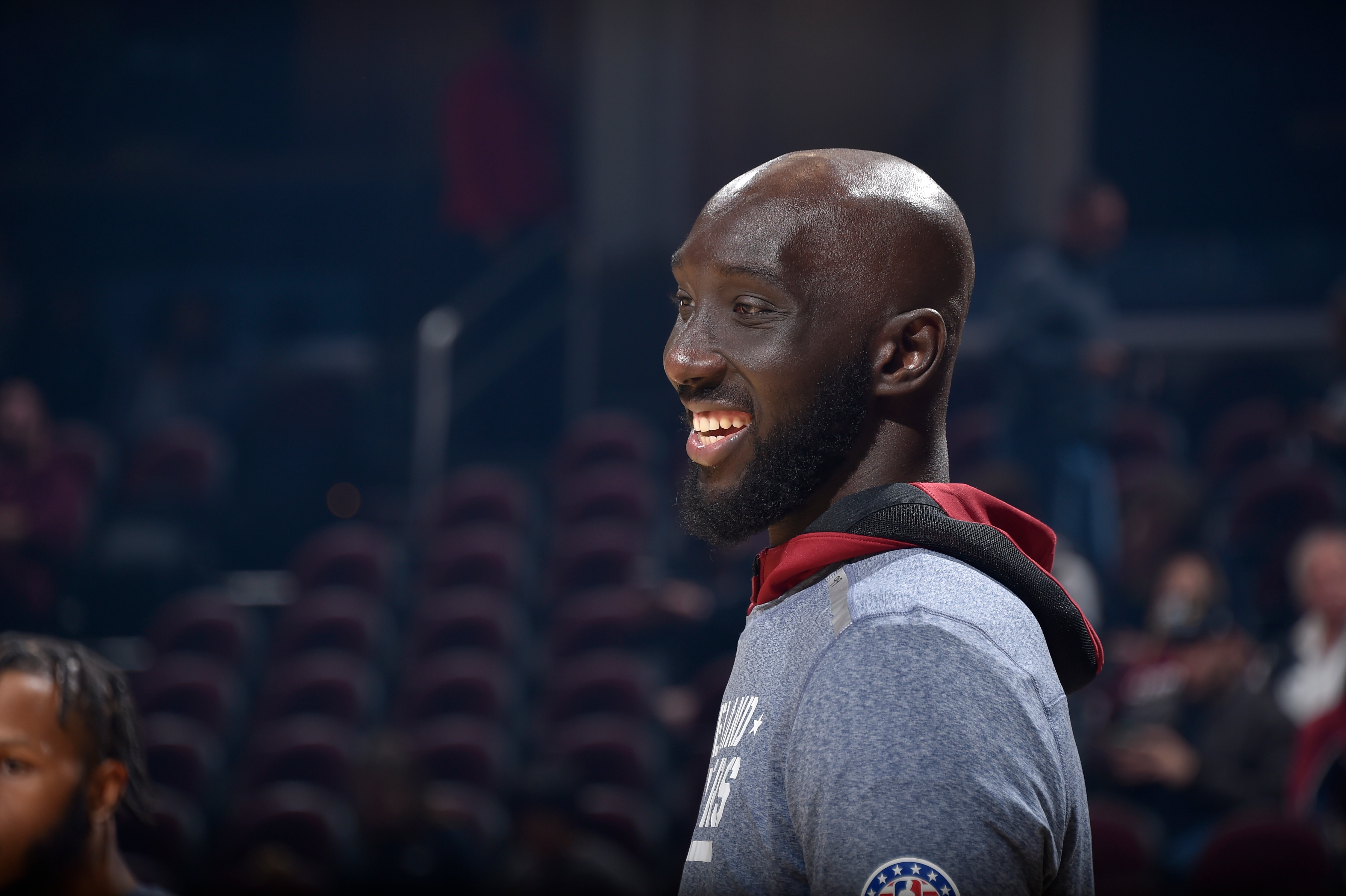 CLEVELAND, OH - NOVEMBER 3: Tacko Fall #99 of the Cleveland Cavaliers smiles before the game against the Portland Trail Blazers on November 3, 2021 at Rocket Mortgage FieldHouse in Cleveland, Ohio. NOTE TO USER: User expressly acknowledges and agrees that, by downloading and/or using this Photograph, user is consenting to the terms and conditions of the Getty Images License Agreement. Mandatory Copyright Notice: Copyright 2021 NBAE (Photo by David Liam Kyle/NBAE via Getty Images)