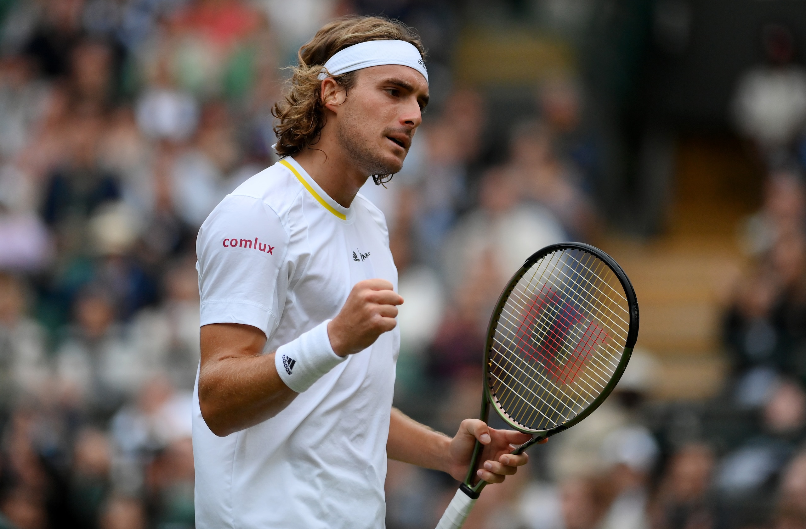 LONDON, ENGLAND - JULY 02: Stefanos Tsitsipas of Greece celebrates a point against Nick Kyrgios of Australia during their Men's Singles Third Round match on day six of The Championships Wimbledon 2022 at All England Lawn Tennis and Croquet Club on July 02, 2022 in London, England. (Photo by Shaun Botterill/Getty Images)