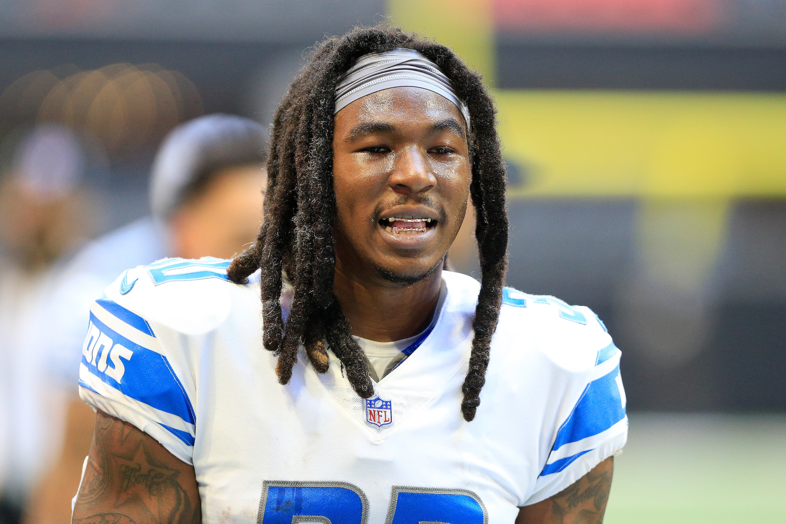 ATLANTA, GA - DECEMBER 26: Running back Jamaal Williams #30 of the Detroit Lions prior to the week 16  NFL game between the Detroit Lions and the Atlanta Falcons on December 26, 2021 at Mercedes-Benz Stadium in Atlanta, Georgia.   (Photo by David J. Griffin/Icon Sportswire via Getty Images)