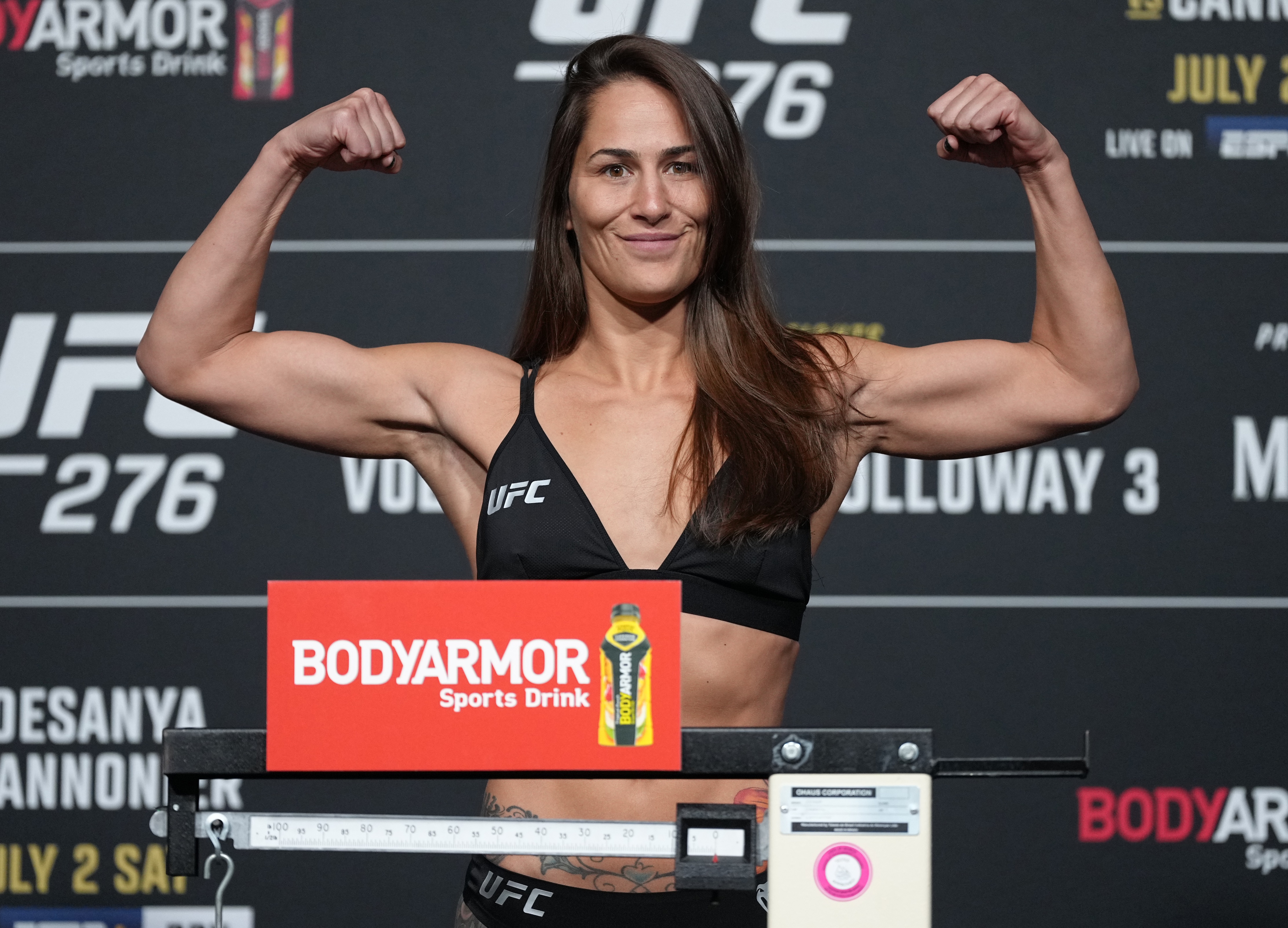 LAS VEGAS, NEVADA - JULY 01: Jessica Eye poses on the scale during the UFC 276 official weigh-in  at UFC APEX on July 01, 2022 in Las Vegas, Nevada. (Photo by Jeff Bottari/Zuffa LLC)