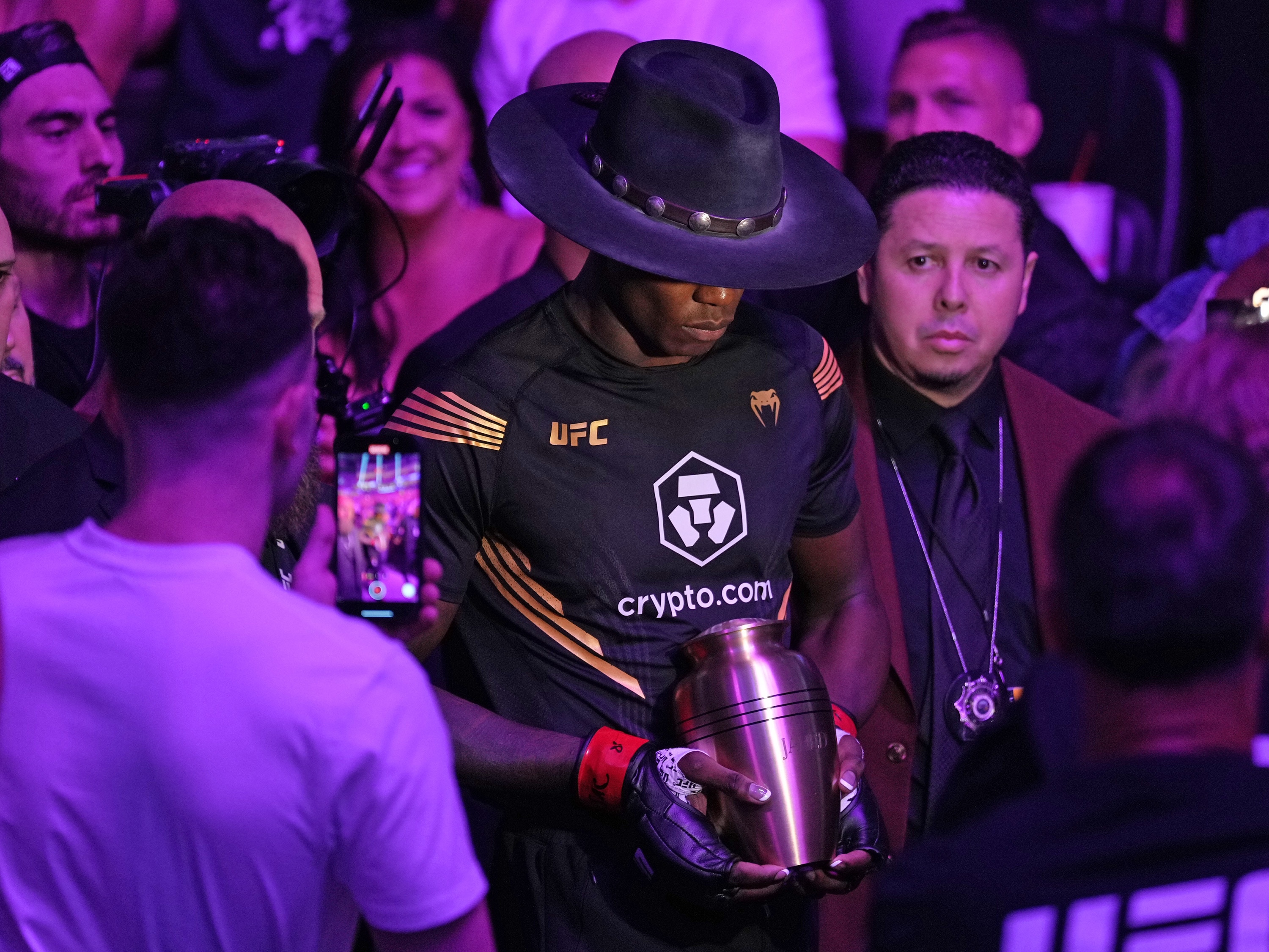 LAS VEGAS, NEVADA - JULY 02: Israel Adesanya of Nigeria walks to the Octagon in the UFC middleweight championship fight during the UFC 276 event at T-Mobile Arena on July 02, 2022 in Las Vegas, Nevada. (Photo by Jeff Bottari/Zuffa LLC)