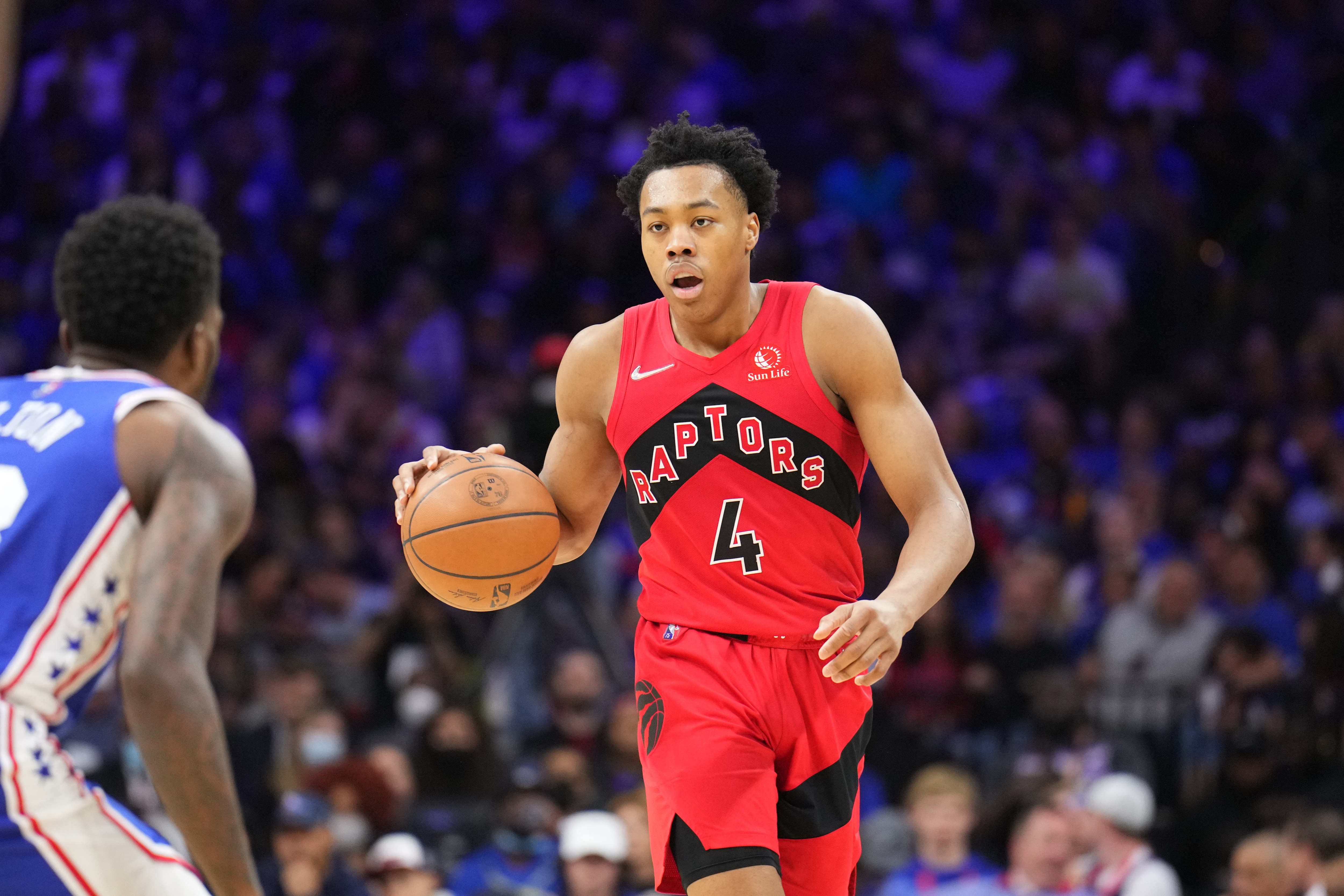 PHILADELPHIA, PA - APRIL 16: Scottie Barnes #4 of the Toronto Raptors handles the ball against the Philadelphia 76ers during Round 1 Game 1 of the 2022 NBA Playoffs on April 16, 2022 at Wells Fargo Center in Philadelphia, Pennsylvania. NOTE TO USER: User expressly acknowledges and agrees that, by downloading and/or using this Photograph, user is consenting to the terms and conditions of the Getty Images License Agreement. Mandatory Copyright Notice: Copyright 2022 NBAE (Photo by Jesse D. Garrabrant/NBAE via Getty Images)