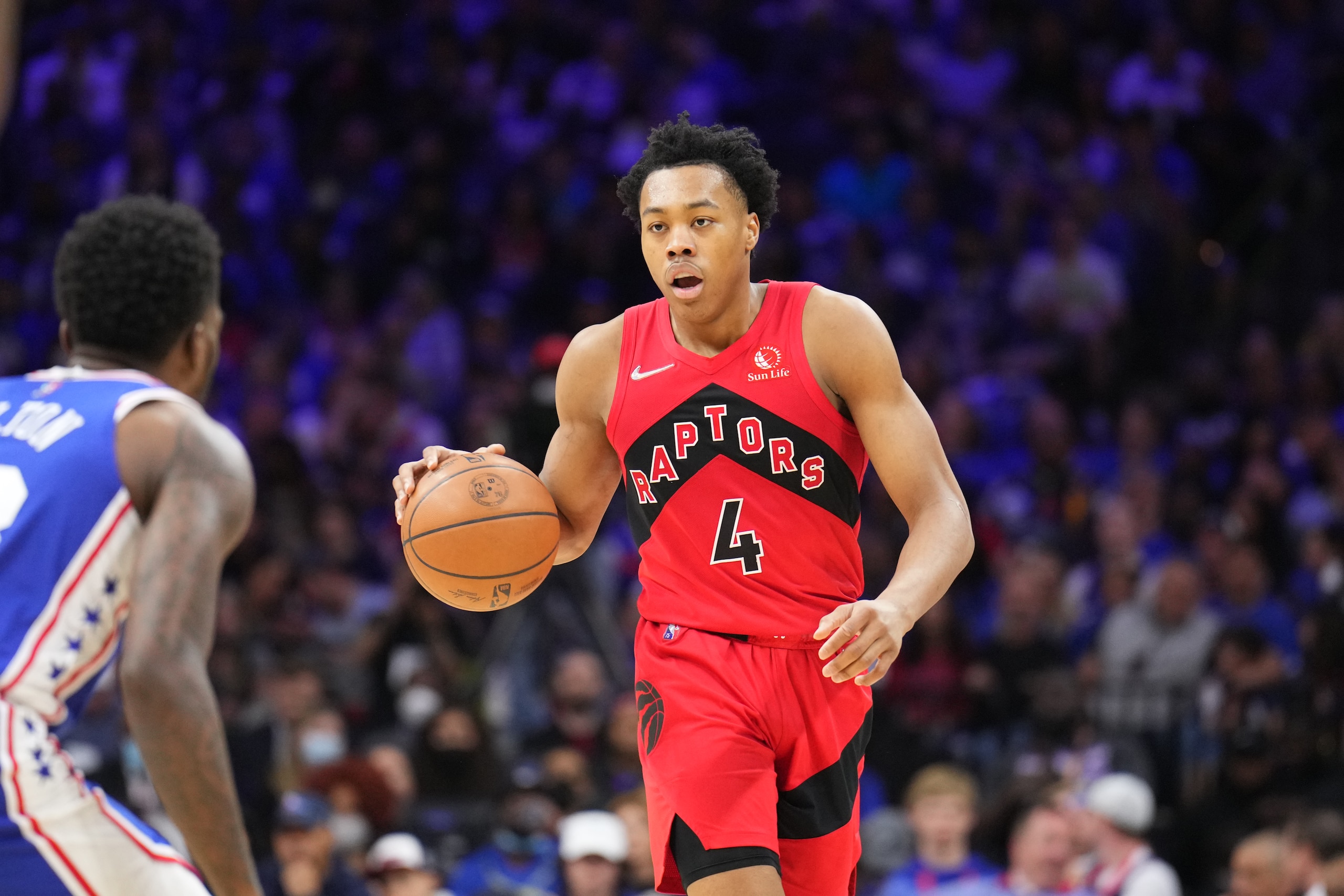 PHILADELPHIA, PA - APRIL 16: Scottie Barnes #4 of the Toronto Raptors handles the ball against the Philadelphia 76ers during Round 1 Game 1 of the 2022 NBA Playoffs on April 16, 2022 at Wells Fargo Center in Philadelphia, Pennsylvania. NOTE TO USER: User expressly acknowledges and agrees that, by downloading and/or using this Photograph, user is consenting to the terms and conditions of the Getty Images License Agreement. Mandatory Copyright Notice: Copyright 2022 NBAE (Photo by Jesse D. Garrabrant/NBAE via Getty Images)