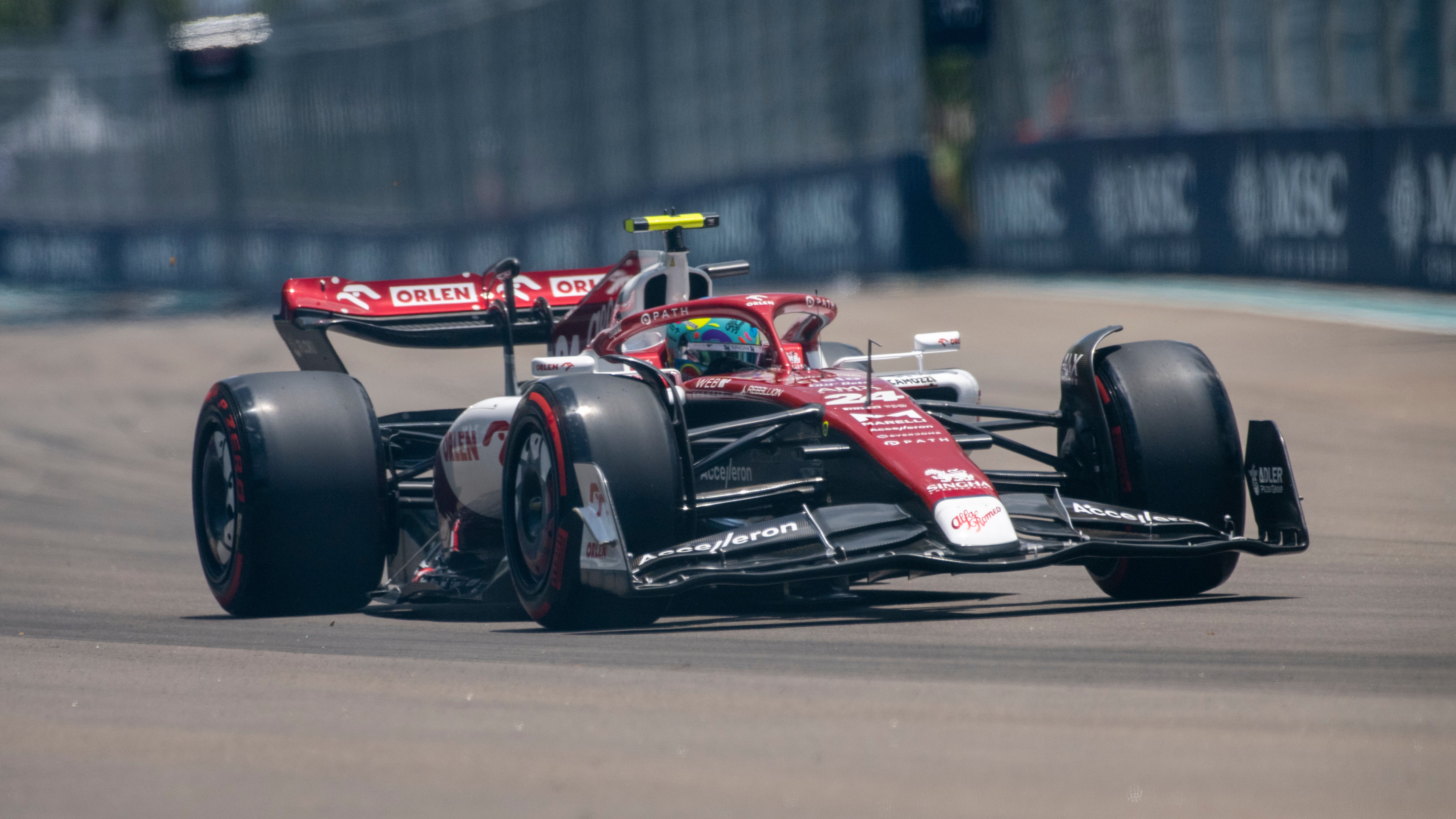 Alfa Romeo driver Zhou Guanyu of China, steers his car during the practice session for the Formula One Miami Grand Prix in Miami Gardens, Fla. Saturday, May 7, 2022. (AP Photo/Tyler Tate)