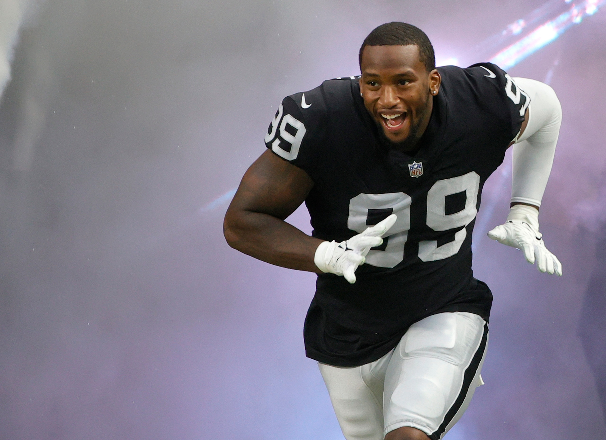 LAS VEGAS, NEVADA - AUGUST 14:  Defensive end Clelin Ferrell #99 of the Las Vegas Raiders is introduced before a preseason game against the Seattle Seahawks at Allegiant Stadium on August 14, 2021 in Las Vegas, Nevada. The Raiders defeated the Seahawks 20-7.  (Photo by Ethan Miller/Getty Images)