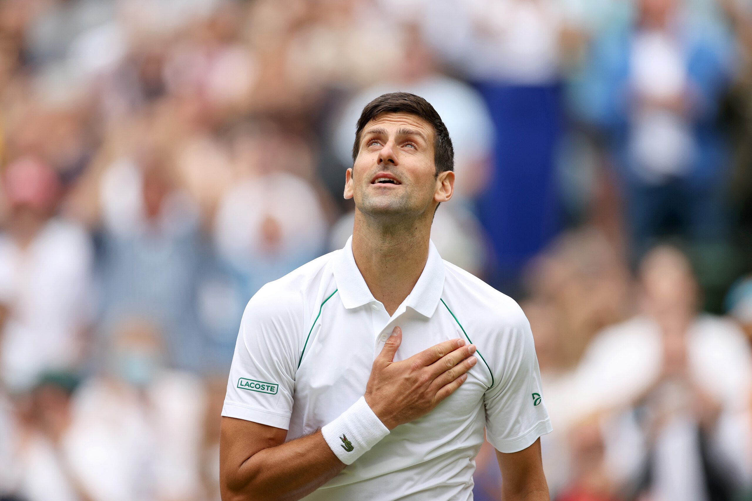 Novak Djokovic celebrates victory after winning the men's singles third round match between Novak Djokovic of Serbia and Miomir Kecmanovic of Serbia at Wimbledon Tennis Championship in London, Britain, on July 1, 2022. (Photo by Li Ying/Xinhua via Getty Images)