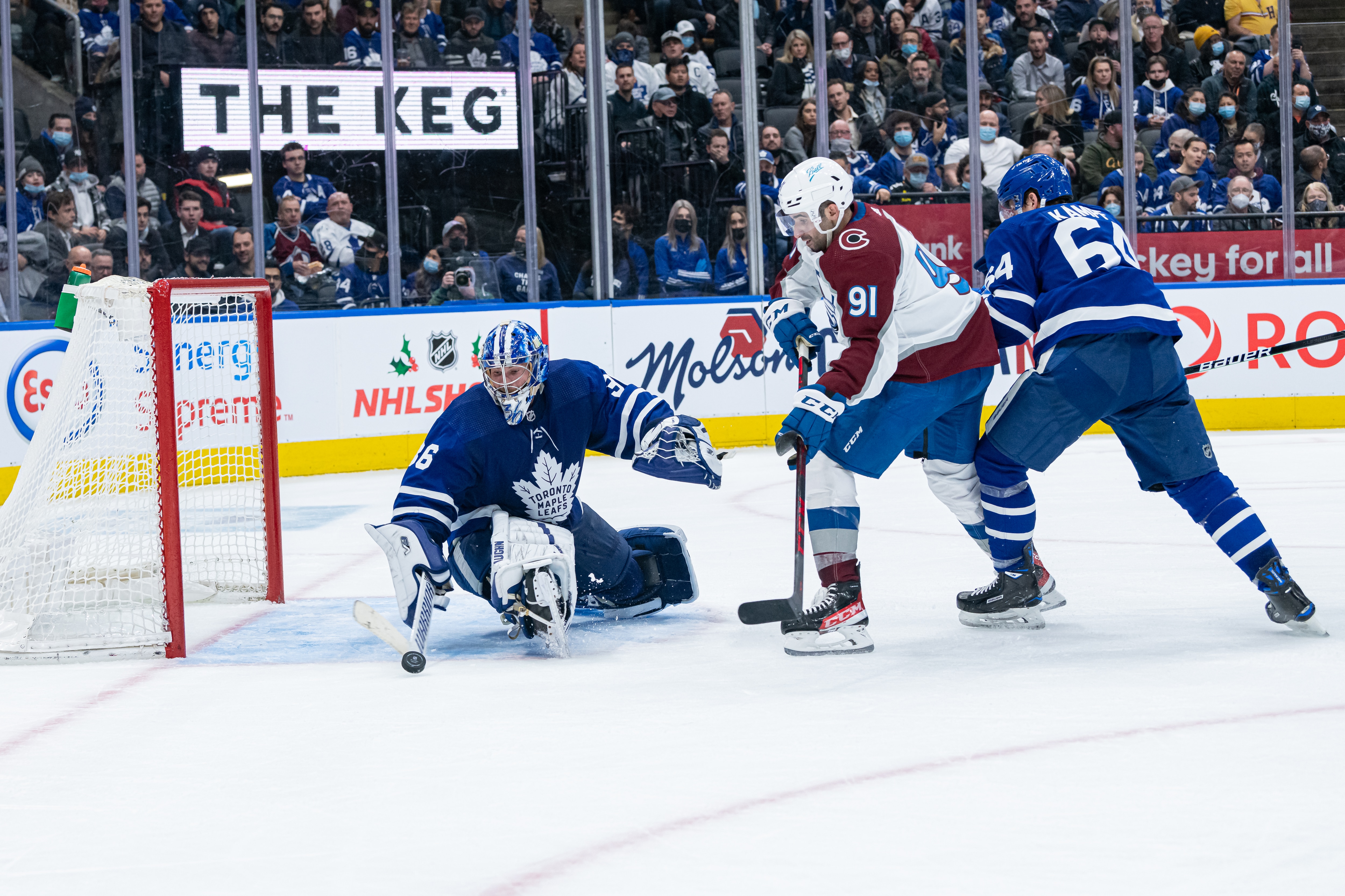 TORONTO, ON - DECEMBER 01: Toronto Maple Leafs Goalie Jack Campbell (36) makes a save on Colorado Avalanche Center Nazem Kadri (91) during the second period of the NHL regular season game between the Colorado Avalanche and the Toronto Maple Leafs on December 1, 2021, at Scotiabank Arena in Toronto, ON, Canada. (Photo by Julian Avram/Icon Sportswire via Getty Images)