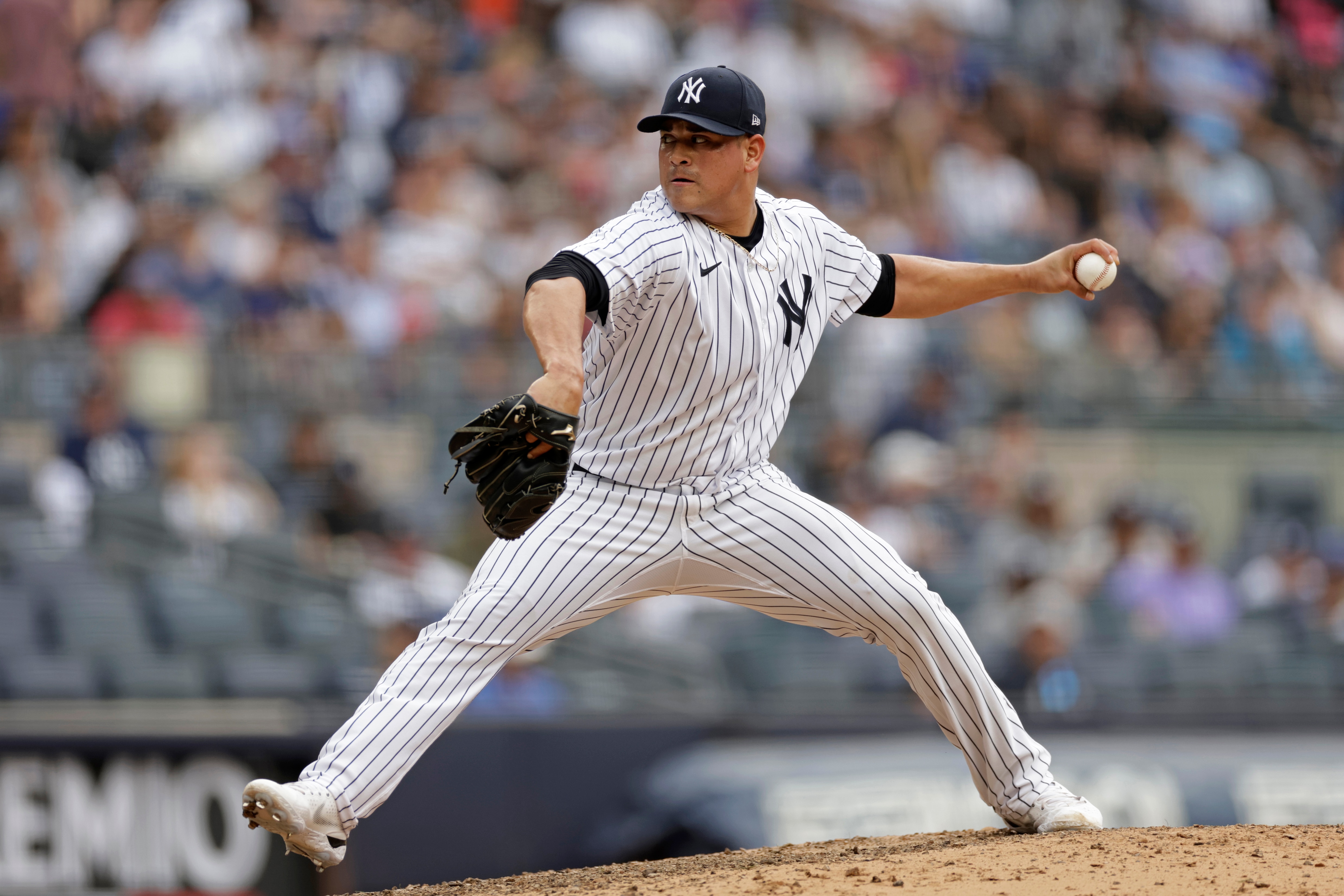 NEW YORK, NY - JUNE 12: Manny Banuelos #68 of the New York Yankees pitches against the Chicago Cubs during the seventh inning at Yankee Stadium on June 12, 2022 in New York City. (Photo by Adam Hunger/Getty Images)