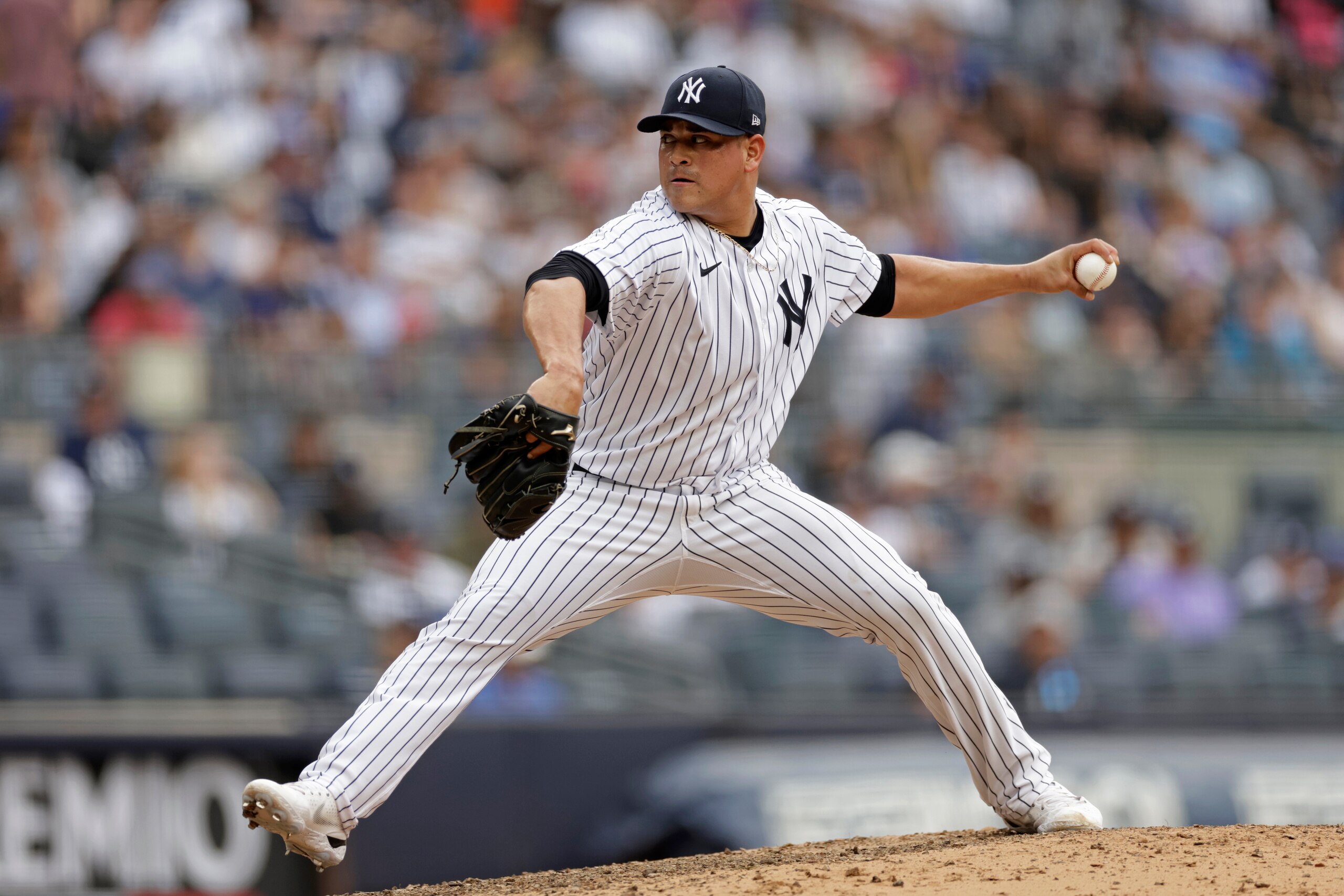 NEW YORK, NY - JUNE 12: Manny Banuelos #68 of the New York Yankees pitches against the Chicago Cubs during the seventh inning at Yankee Stadium on June 12, 2022 in New York City. (Photo by Adam Hunger/Getty Images)