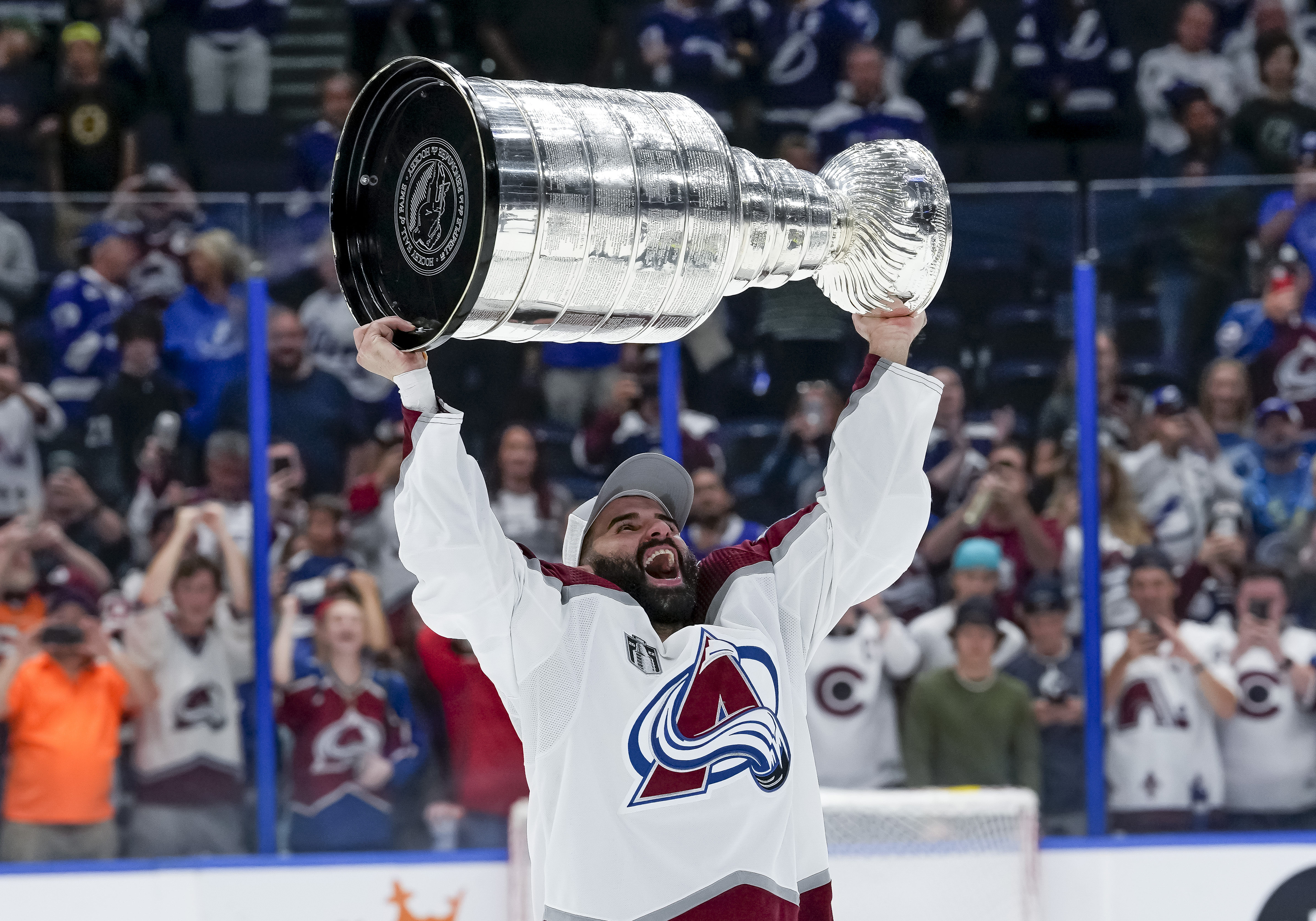TAMPA, FL - JUNE 26: Colorado Avalanche center Nazem Kadri (91)  hoisting the Stanley Cup during the NHL Hockey Stanley Cup Finals Game six between Tampa Bay Lightning and the Colorado Avalanche on June 26th, 2022 at Amalie Arena in Tampa Florida (Photo by Andrew Bershaw /Icon_Sportswire)