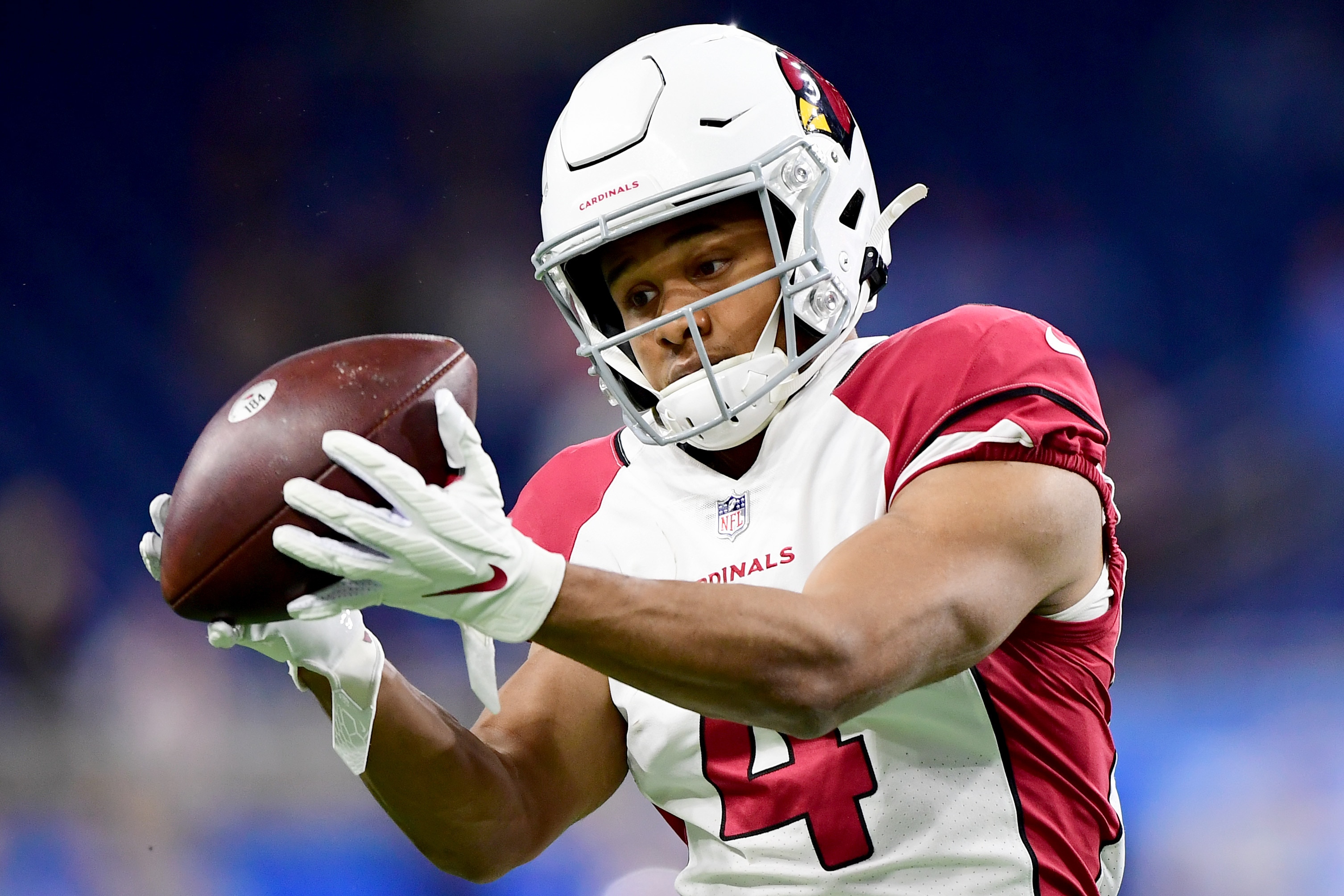 DETROIT, MICHIGAN - DECEMBER 19: Rondale Moore #4 of the Arizona Cardinals catches a throw before a game against the Detroit Lions at Ford Field on December 19, 2021 in Detroit, Michigan. (Photo by Emilee Chinn/Getty Images)