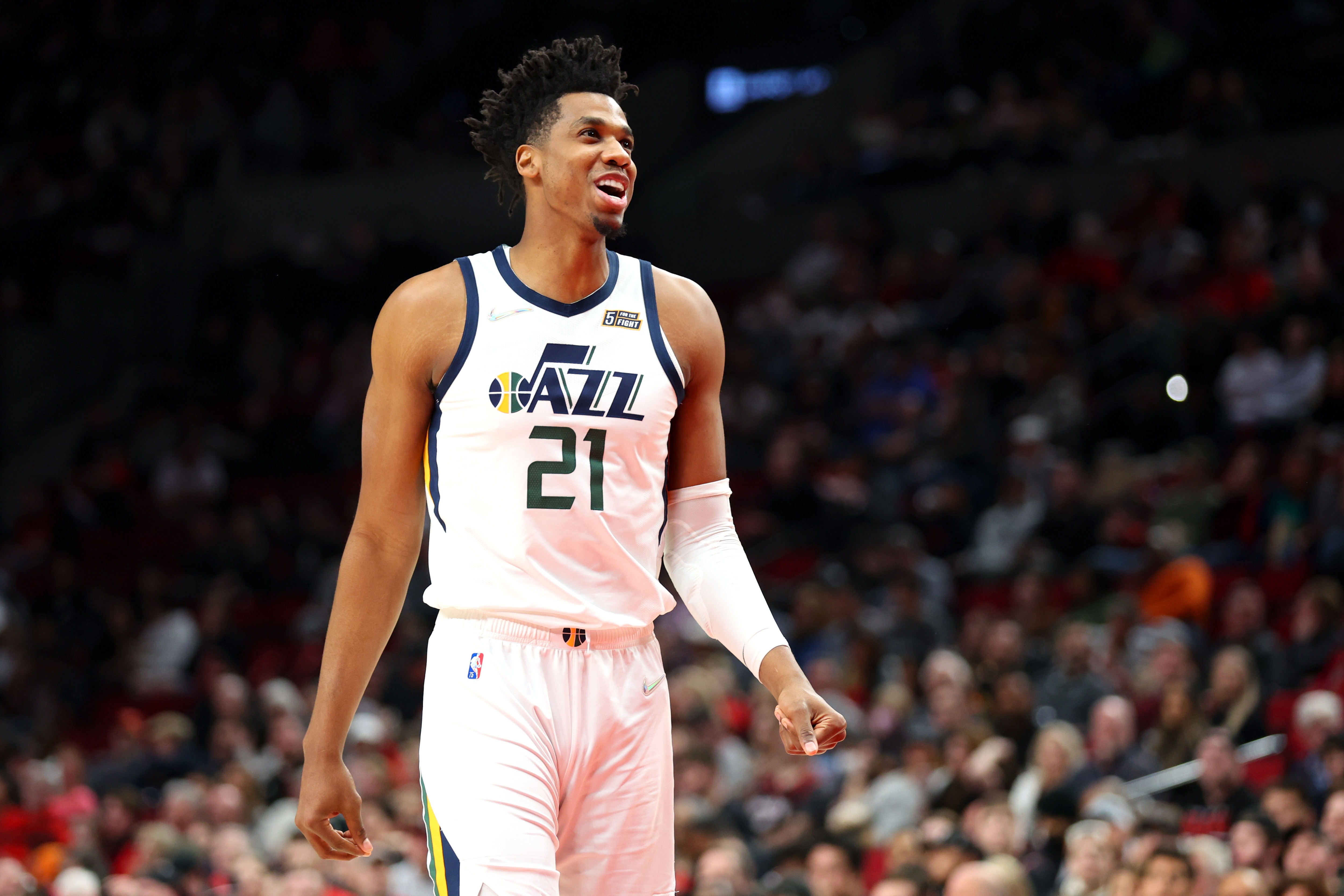 PORTLAND, OREGON - APRIL 10: Hassan Whiteside #21 of the Utah Jazz reacts during action against the Portland Trail Blazers in the second quarter at Moda Center on April 10, 2022 in Portland, Oregon. NOTE TO USER: User expressly acknowledges and agrees that, by downloading and or using this photograph, User is consenting to the terms and conditions of the Getty Images License Agreement. (Photo by Abbie Parr/Getty Images)