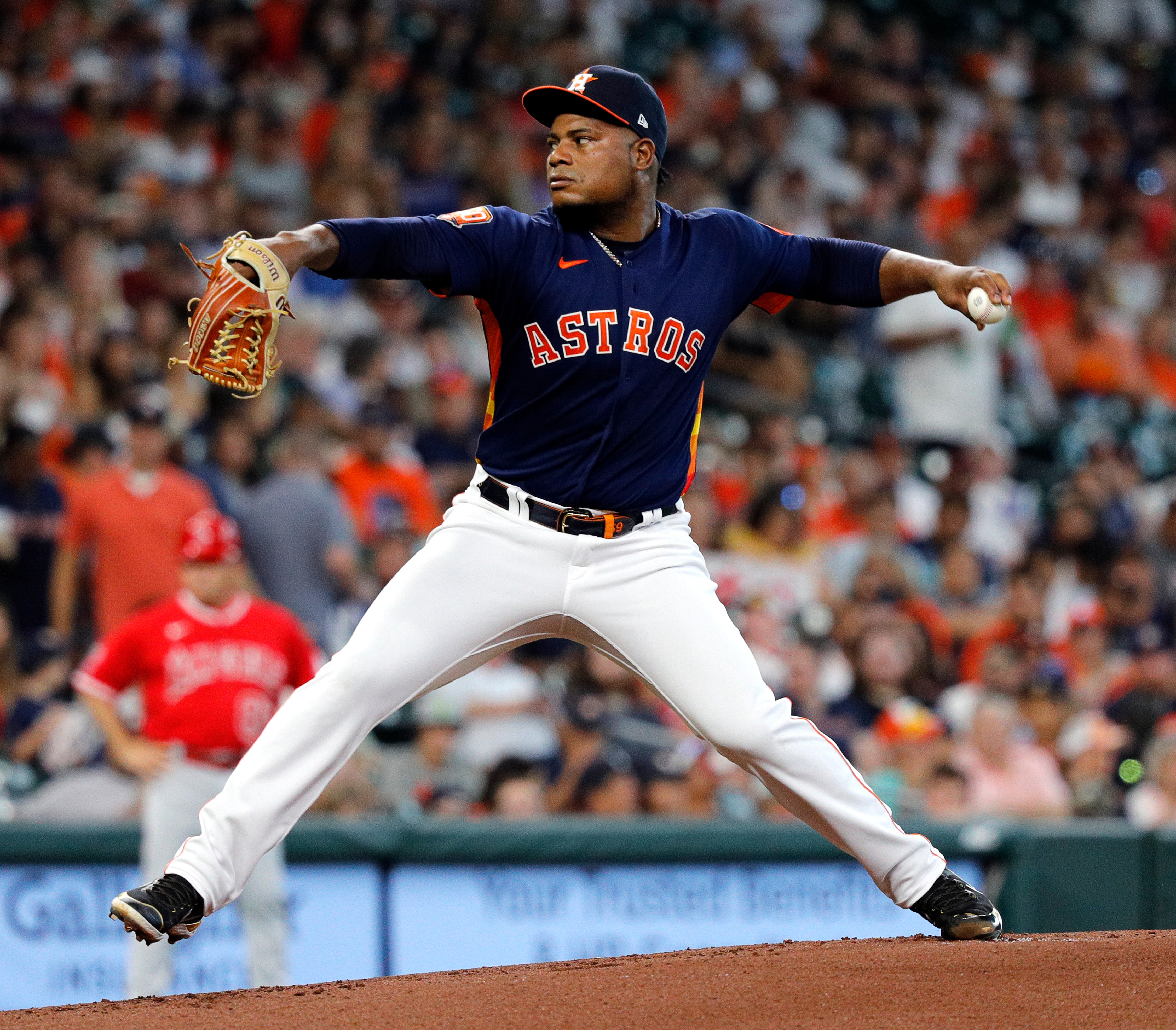 HOUSTON, TEXAS - JULY 03: Framber Valdez #59 of the Houston Astros pitches in the first inning against the Los Angeles Angels at Minute Maid Park on July 03, 2022 in Houston, Texas. (Photo by Bob Levey/Getty Images)