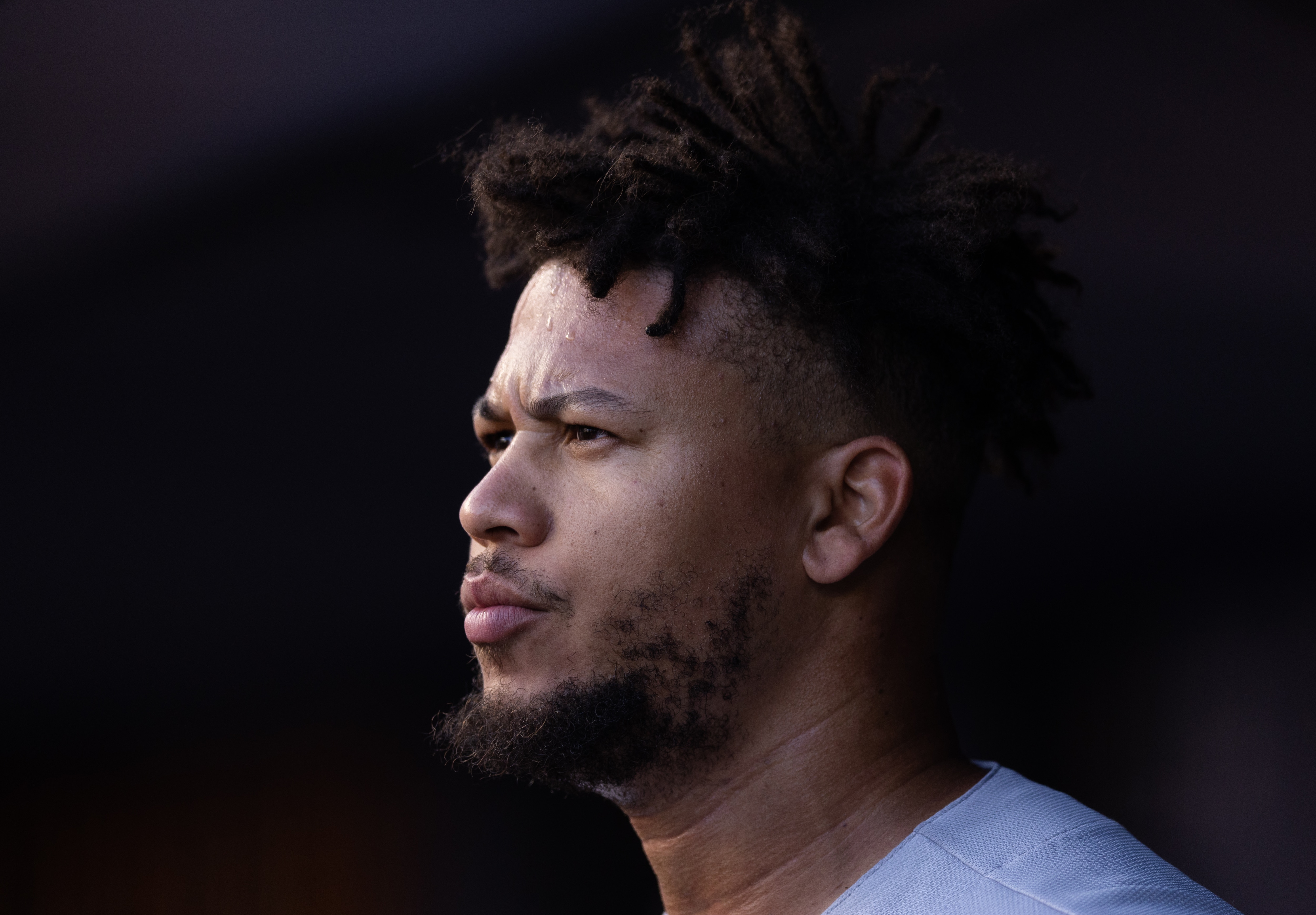 NEW YORK, NEW YORK - JUNE 28: Frankie Montas #47 of the Oakland Athletics looks on from the dugout before the start of the game against the New York Yankees at Yankee Stadium on June 28, 2022 in New York City. (Photo by Dustin Satloff/Getty Images)