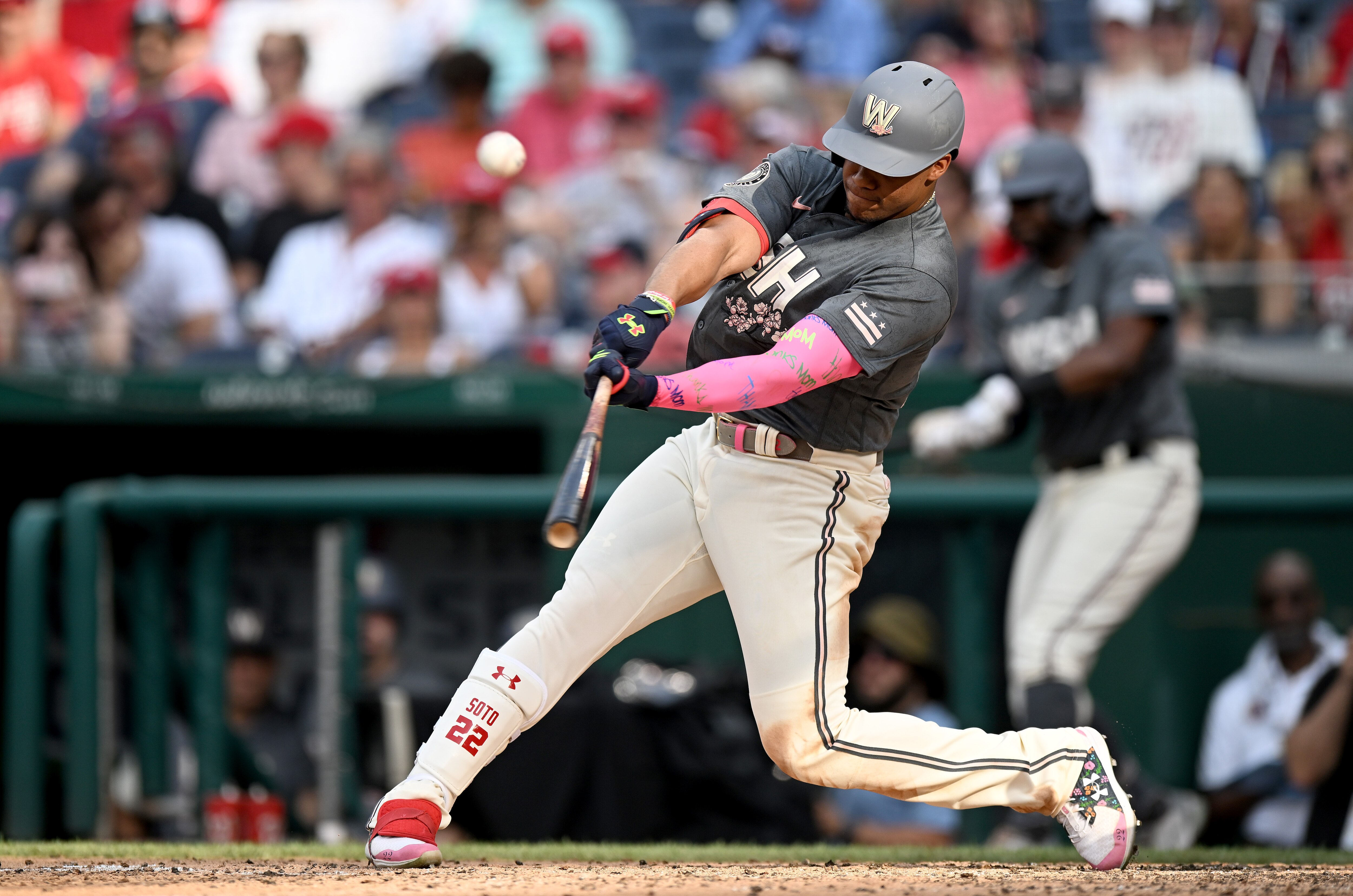 WASHINGTON, DC - JULY 02: Juan Soto #22 of the Washington Nationals hits a home run in the sixth inning against the Miami Marlins at Nationals Park on July 02, 2022 in Washington, DC. (Photo by Greg Fiume/Getty Images)