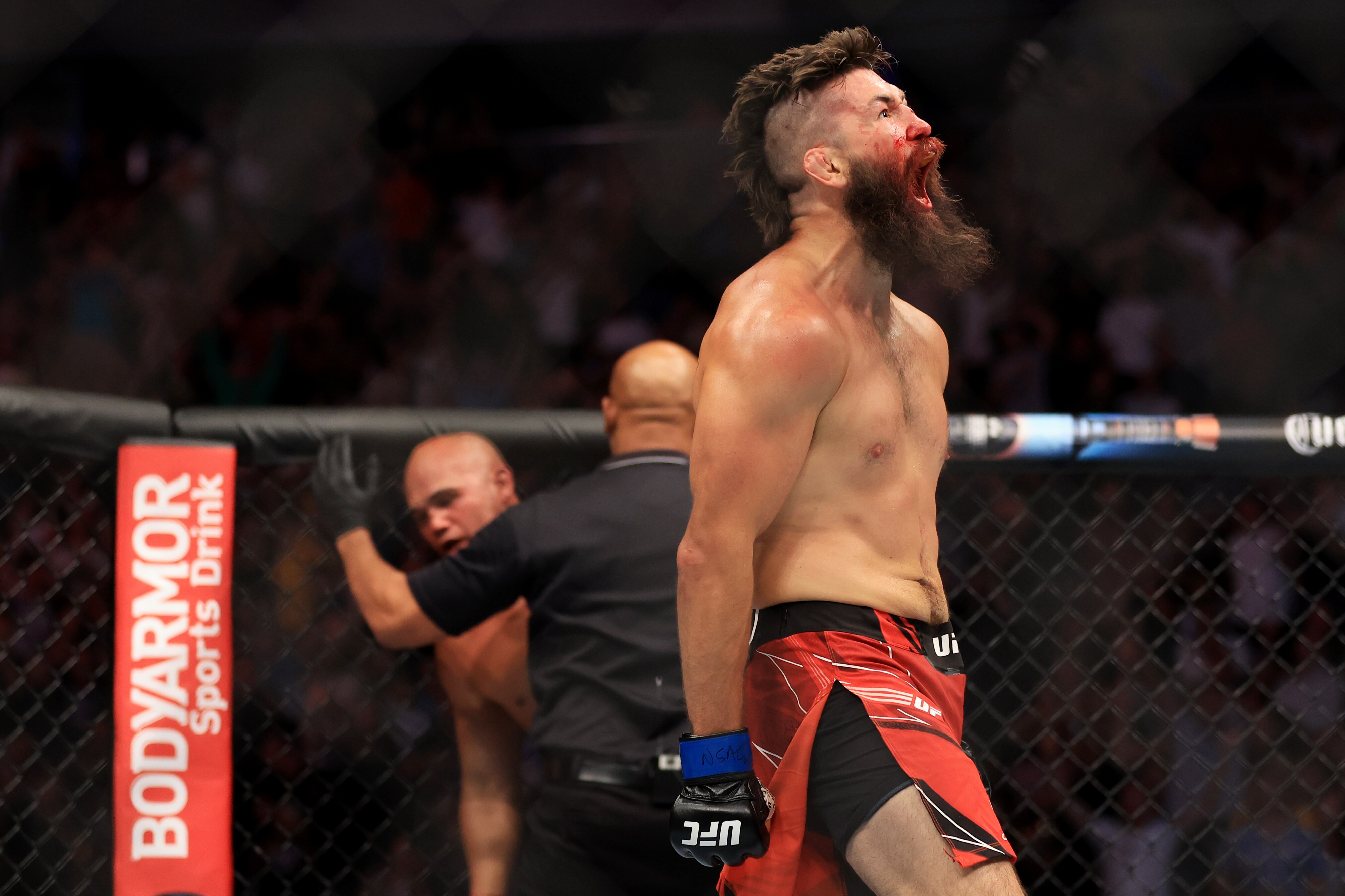 LAS VEGAS, NEVADA - JULY 02: Bryan Barberena celebrates a second round knockout against Robbie Lawler in their welterweight bout during UFC 276 at T-Mobile Arena on July 02, 2022 in Las Vegas, Nevada. (Photo by Carmen Mandato/Getty Images)