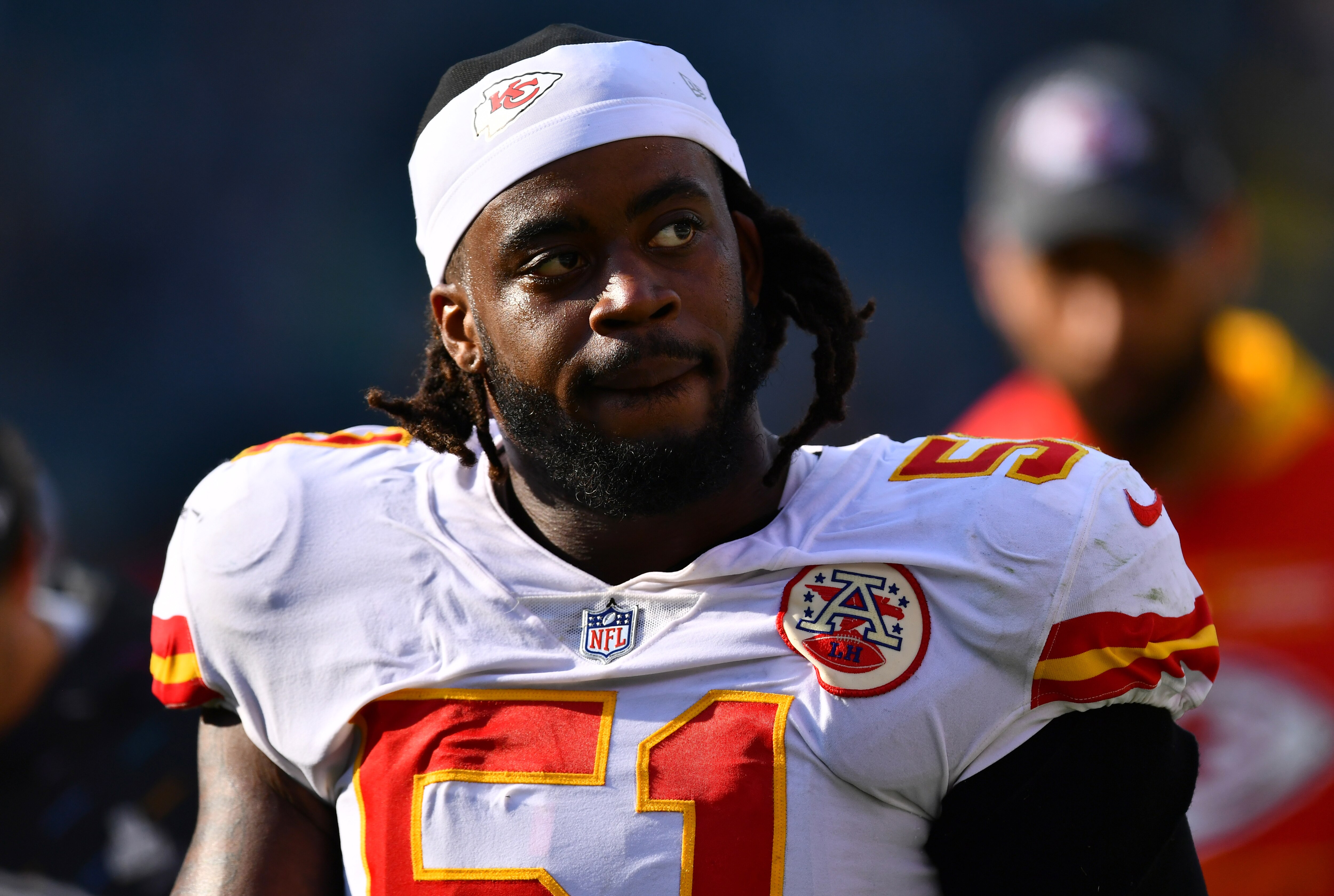 PHILADELPHIA, PA - OCTOBER 03: Kansas City Chiefs Defensive End Mike Danna (51) looks on after the game between the Kansas City Chiefs and Philadelphia Eagles on October 03, 2021 at Lincoln Financial Field in Philadelphia, PA. (Photo by Kyle Ross/Icon Sportswire via Getty Images)