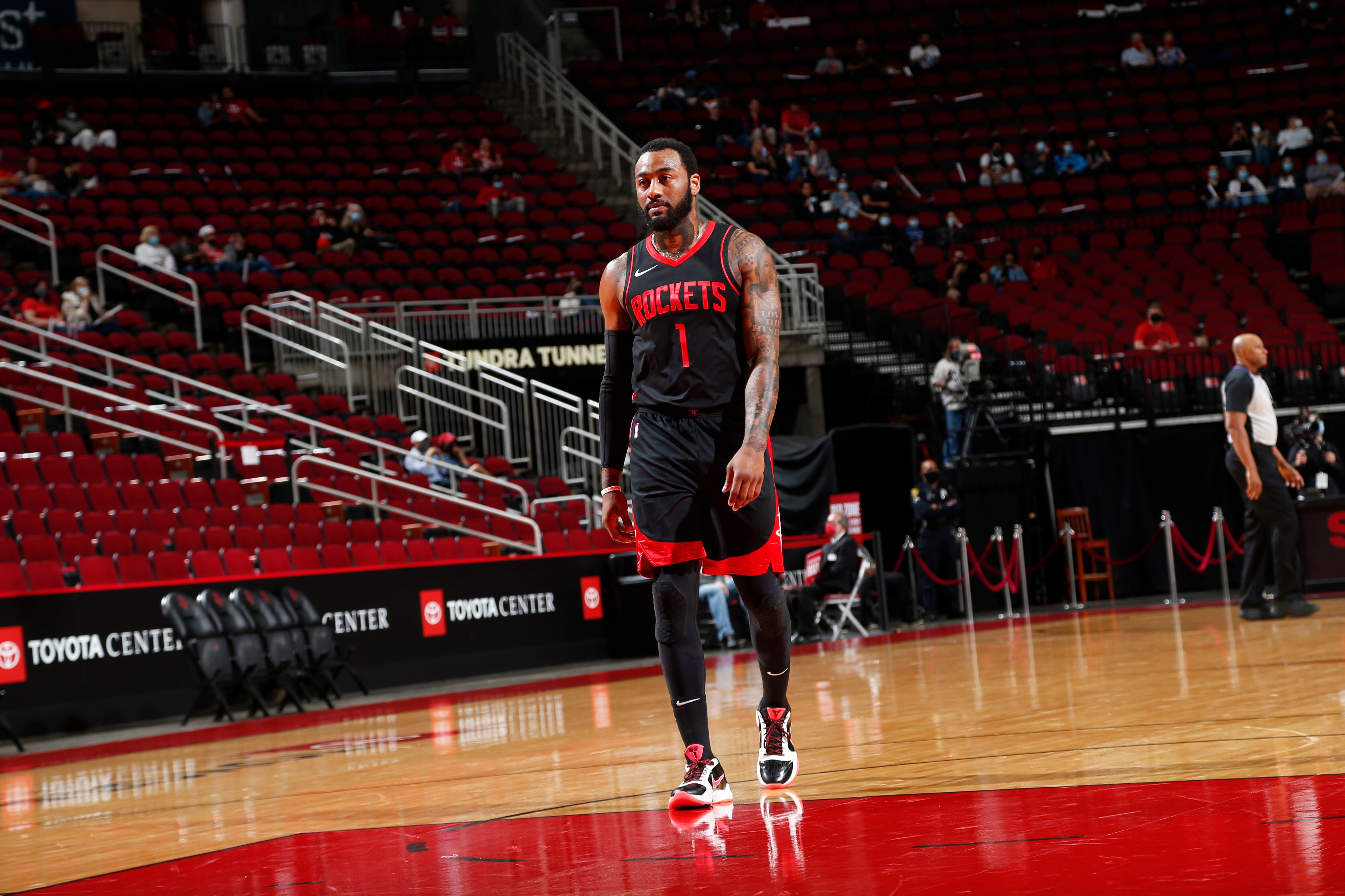 HOUSTON, TX - APRIL 23: John Wall #1 of the Houston Rockets walks on during the game against the Los Angeles Clippers on April 23, 2021 at the Toyota Center in Houston, Texas. NOTE TO USER: User expressly acknowledges and agrees that, by downloading and or using this photograph, User is consenting to the terms and conditions of the Getty Images License Agreement. Mandatory Copyright Notice: Copyright 2021 NBAE (Photo by Troy Fields/NBAE via Getty Images)