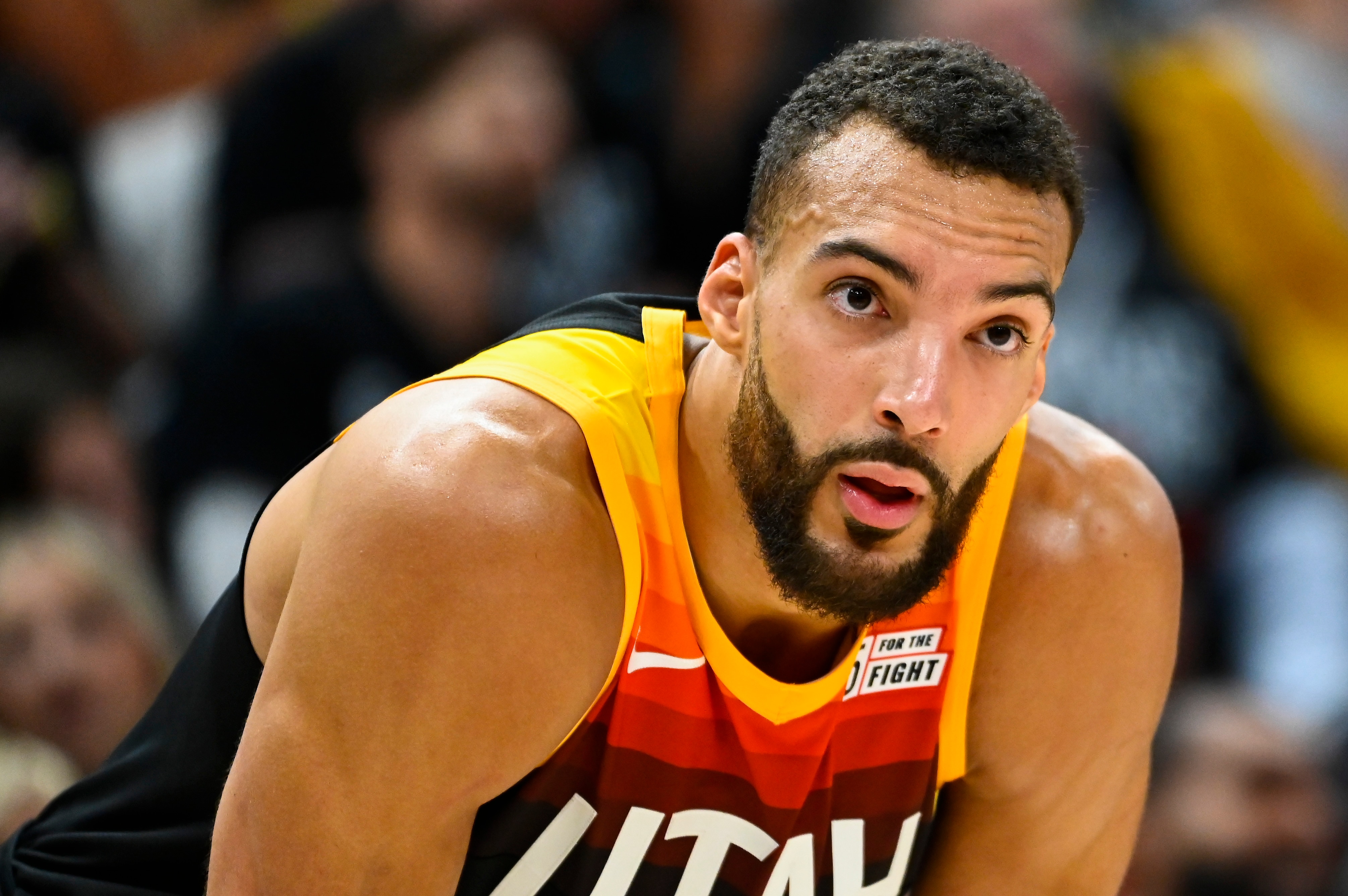 SALT LAKE CITY, UTAH - APRIL 28: Rudy Gobert #27 of the Utah Jazz looks on during the second half of Game 6 of the Western Conference First Round Playoffs against the Dallas Mavericks at Vivint Smart Home Arena on April 28, 2022 in Salt Lake City, Utah. NOTE TO USER: User expressly acknowledges and agrees that, by downloading and/or using this Photograph, user is consenting to the terms and conditions of the Getty Images License Agreement. (Photo by Alex Goodlett/Getty Images)