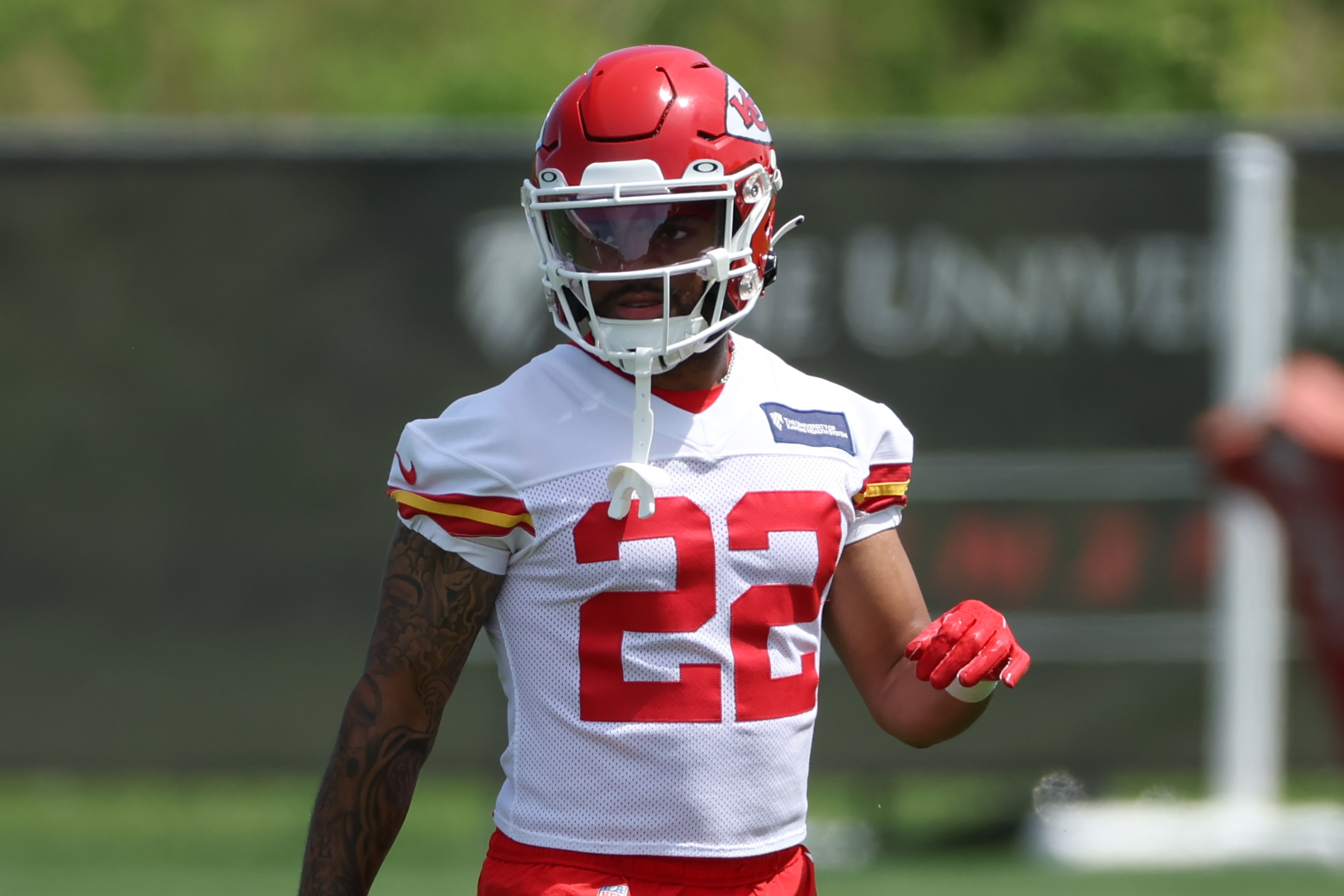 KANSAS CITY, MO - JUNE 02: Kansas City Chiefs safety Juan Thornhill (22) during OTA offseason workouts on June 02, 2022 at the Kansas City Chiefs Training Facility in Kansas City, MO. (Photo by Scott Winters/Icon Sportswire via Getty Images)