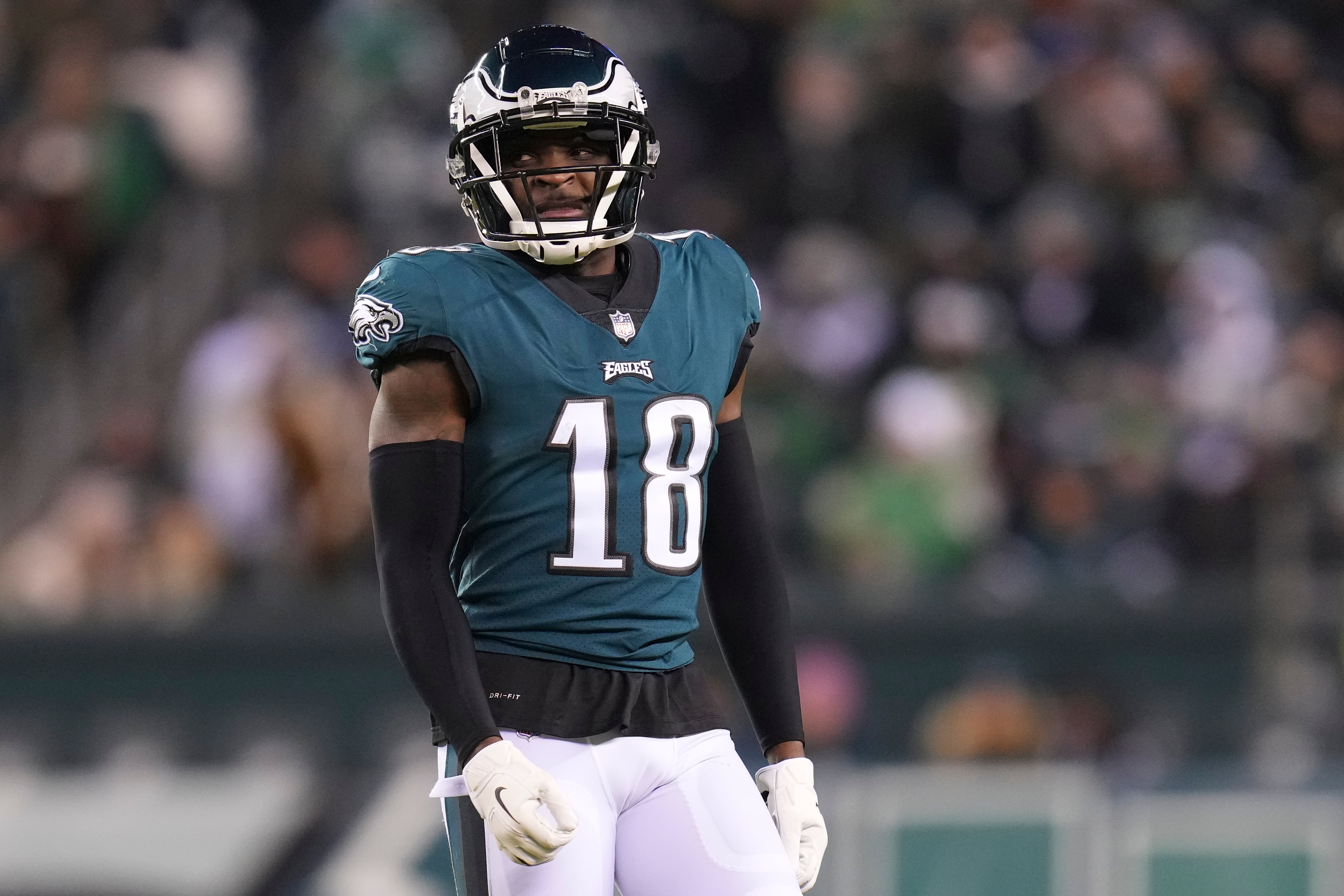 PHILADELPHIA, PA - JANUARY 08: Jalen Reagor #18 of the Philadelphia Eagles looks on against the Dallas Cowboys at Lincoln Financial Field on January 8, 2022 in Philadelphia, Pennsylvania. (Photo by Mitchell Leff/Getty Images)