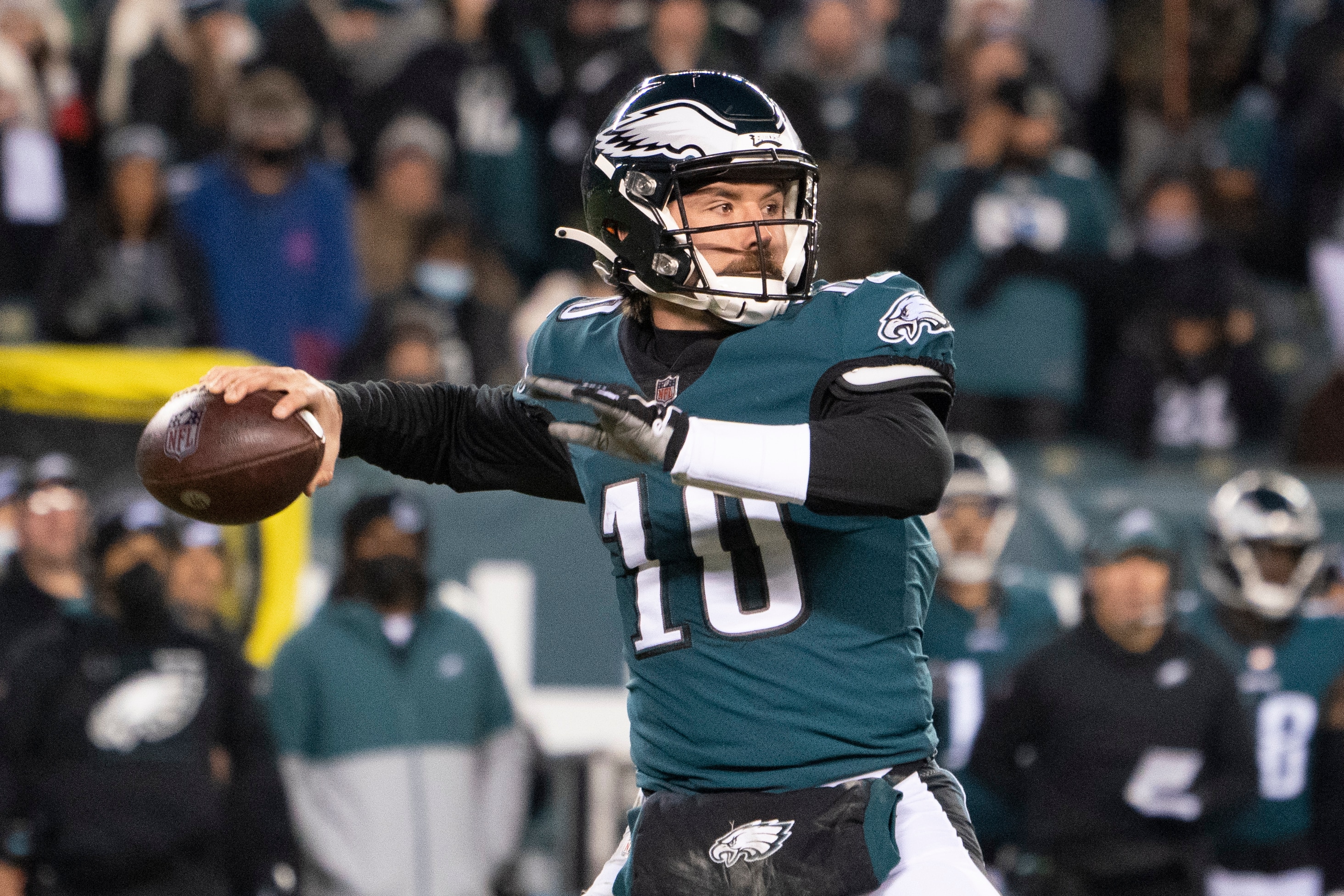 PHILADELPHIA, PA - JANUARY 08: Philadelphia Eagles Quarterback Gardner Minshew (10) throws the ball during the first half of the National Football League game between the Dallas Cowboys and the Philadelphia Eagles on January 8, 2021, at Lincoln Financial Field in Philadelphia, PA. (Photo by Gregory Fisher/Icon Sportswire via Getty Images)