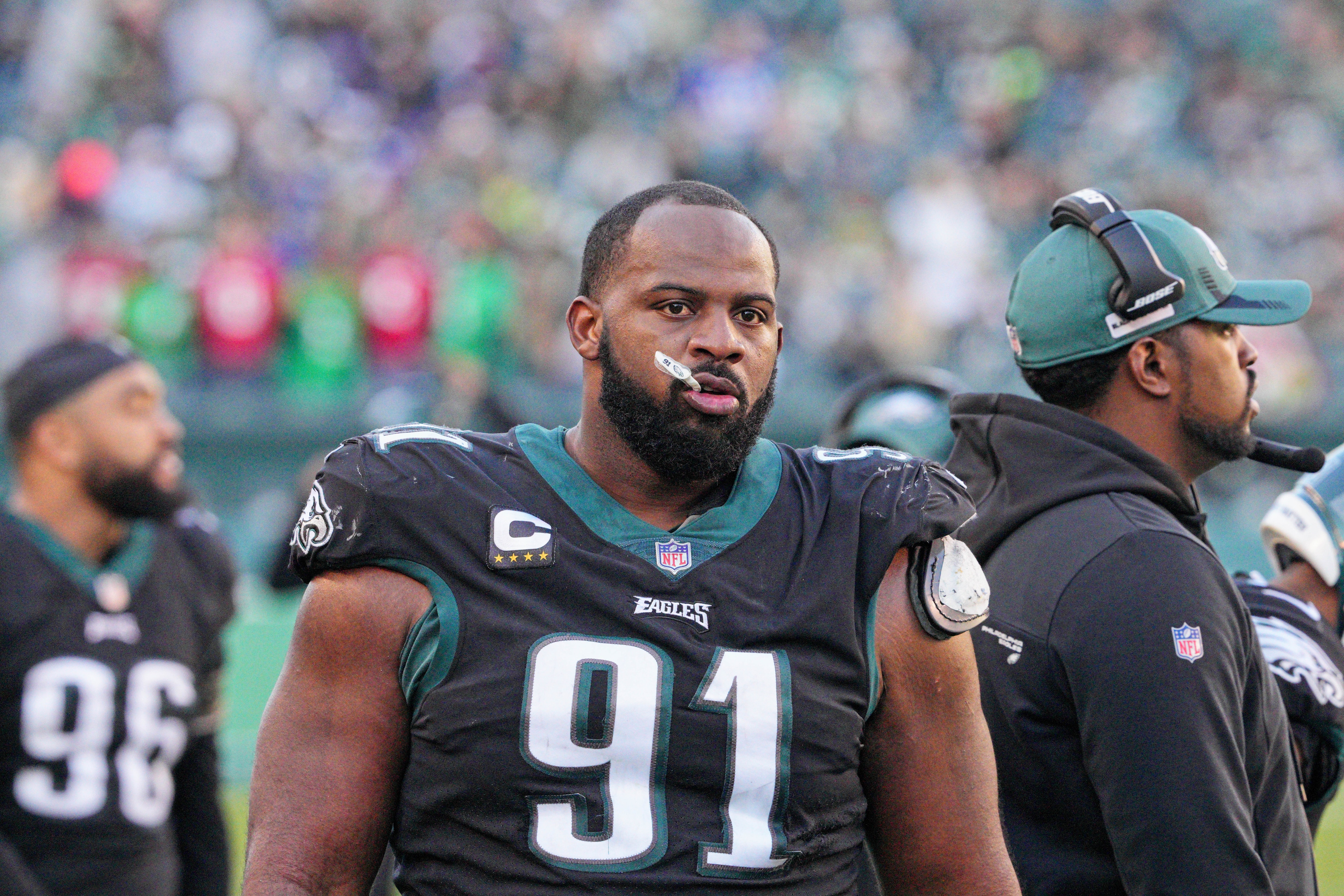 PHILADELPHIA, PA - DECEMBER 26: Philadelphia Eagles defensive tackle Fletcher Cox (91) looks on during the game between the New York Giants and the Philadelphia Eagles on December 26, 2021 at Lincoln Financial Field in Philadelphia, PA. (Photo by Andy Lewis/Icon Sportswire via Getty Images)