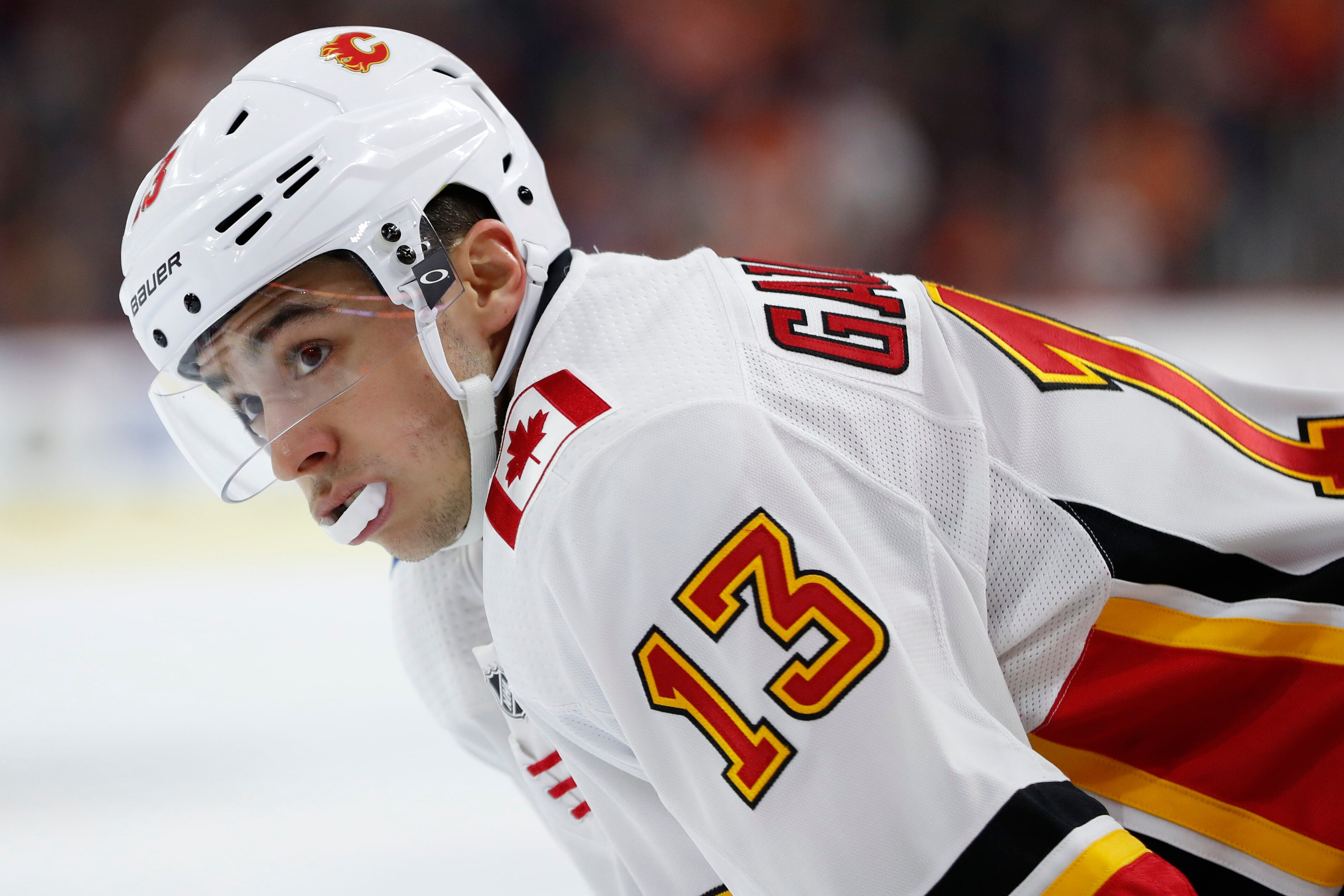 Calgary Flames' Johnny Gaudreau looks on during the first period of an NHL hockey game against the Philadelphia Flyers, Saturday, Nov. 18, 2017, in Philadelphia. The Flames won 5-4 in overtime. (AP Photo/Chris Szagola)