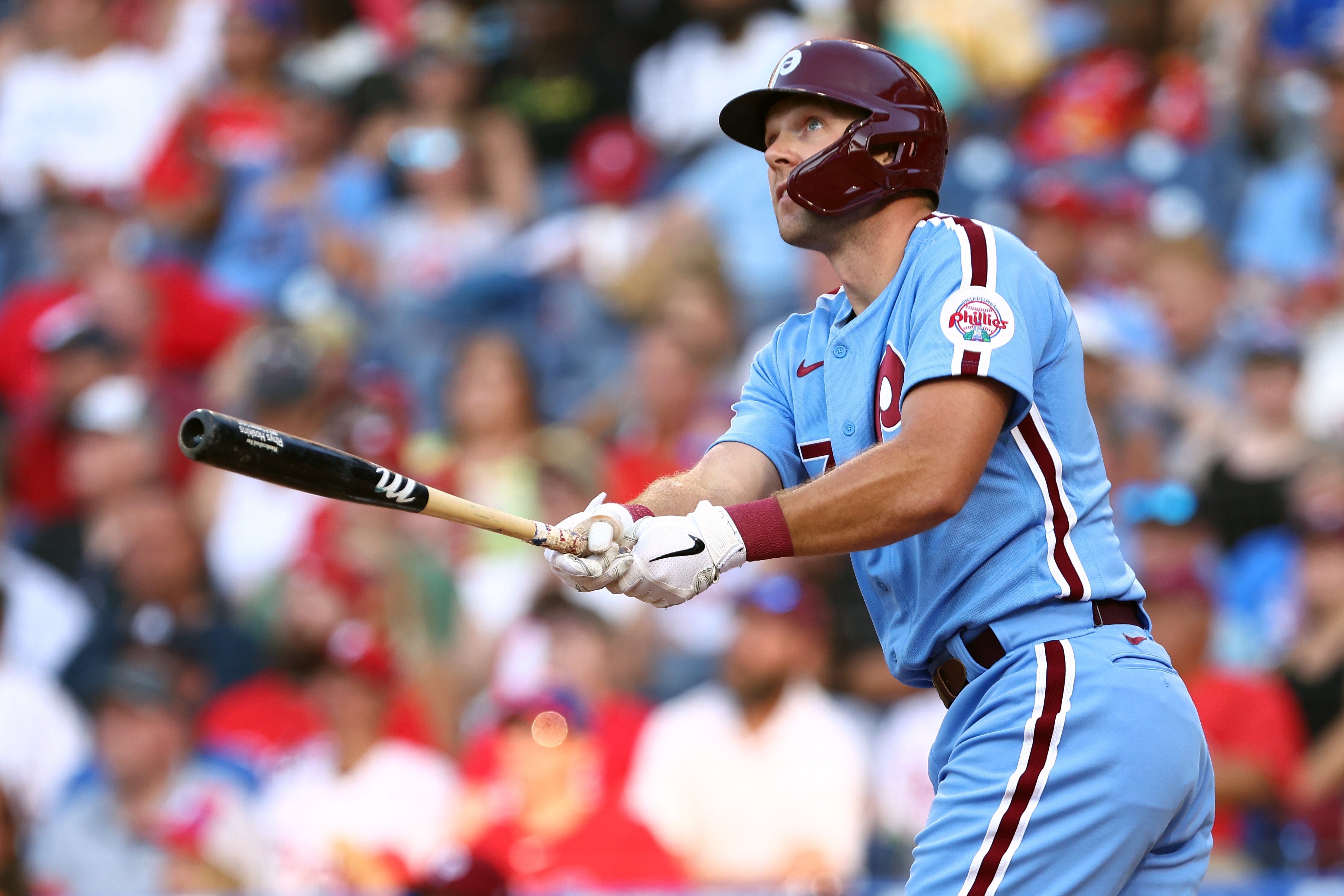 PHILADELPHIA, PA - JUNE 30: Rhys Hoskins #17 of the Philadelphia Phillies hits a home run against the Atlanta Braves during a game at Citizens Bank Park on June 30, 2022 in Philadelphia, Pennsylvania. (Photo by Rich Schultz/Getty Images)