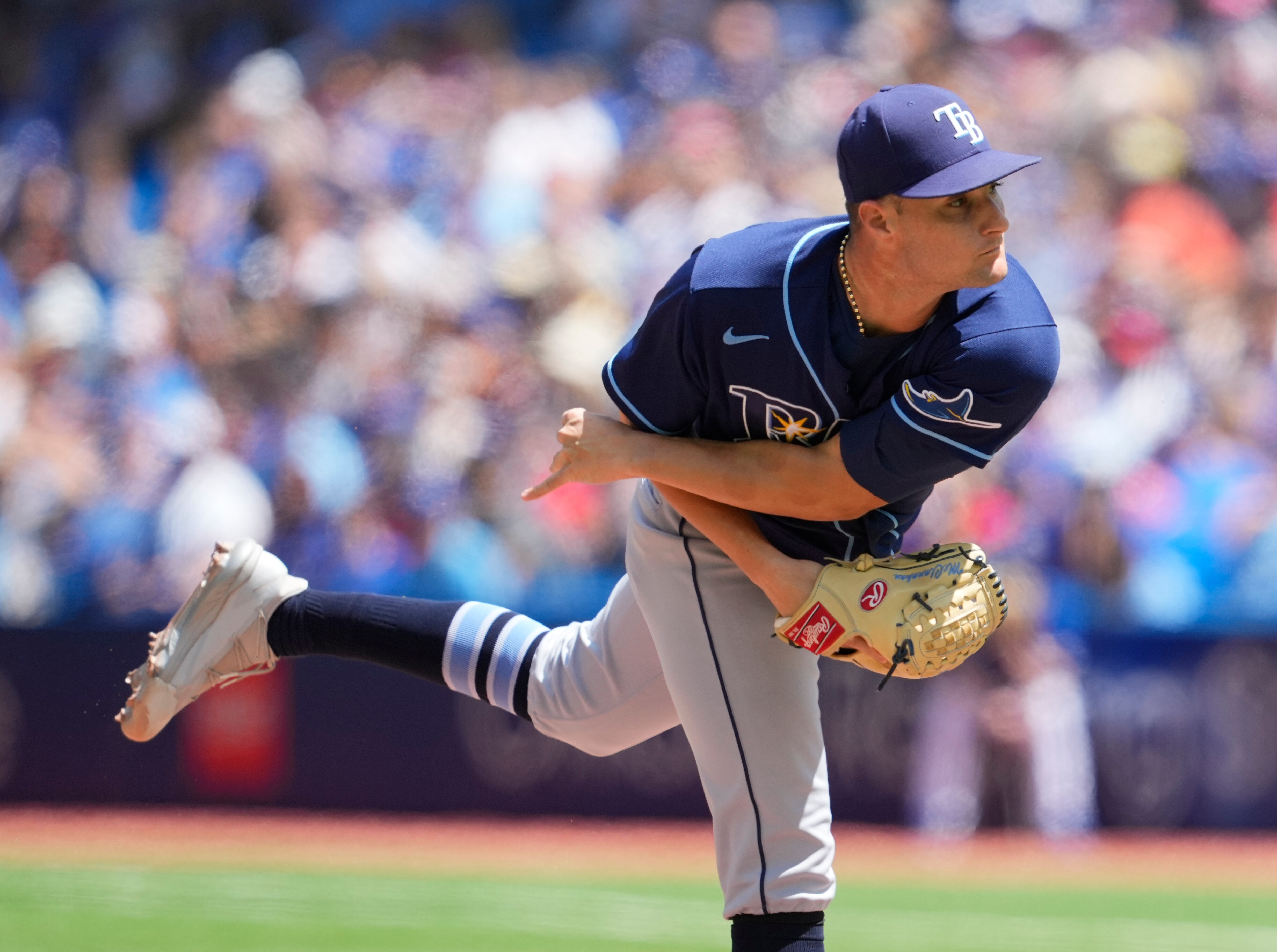 TORONTO, ON - JULY 2: Shane McClanahan #18 of the Tampa Bay Rays pitches to the Toronto Blue Jays in the first inning during game one of a doubleheader at the Rogers Centre on July 2, 2022 in Toronto, Ontario, Canada. (Photo by Mark Blinch/Getty Images)