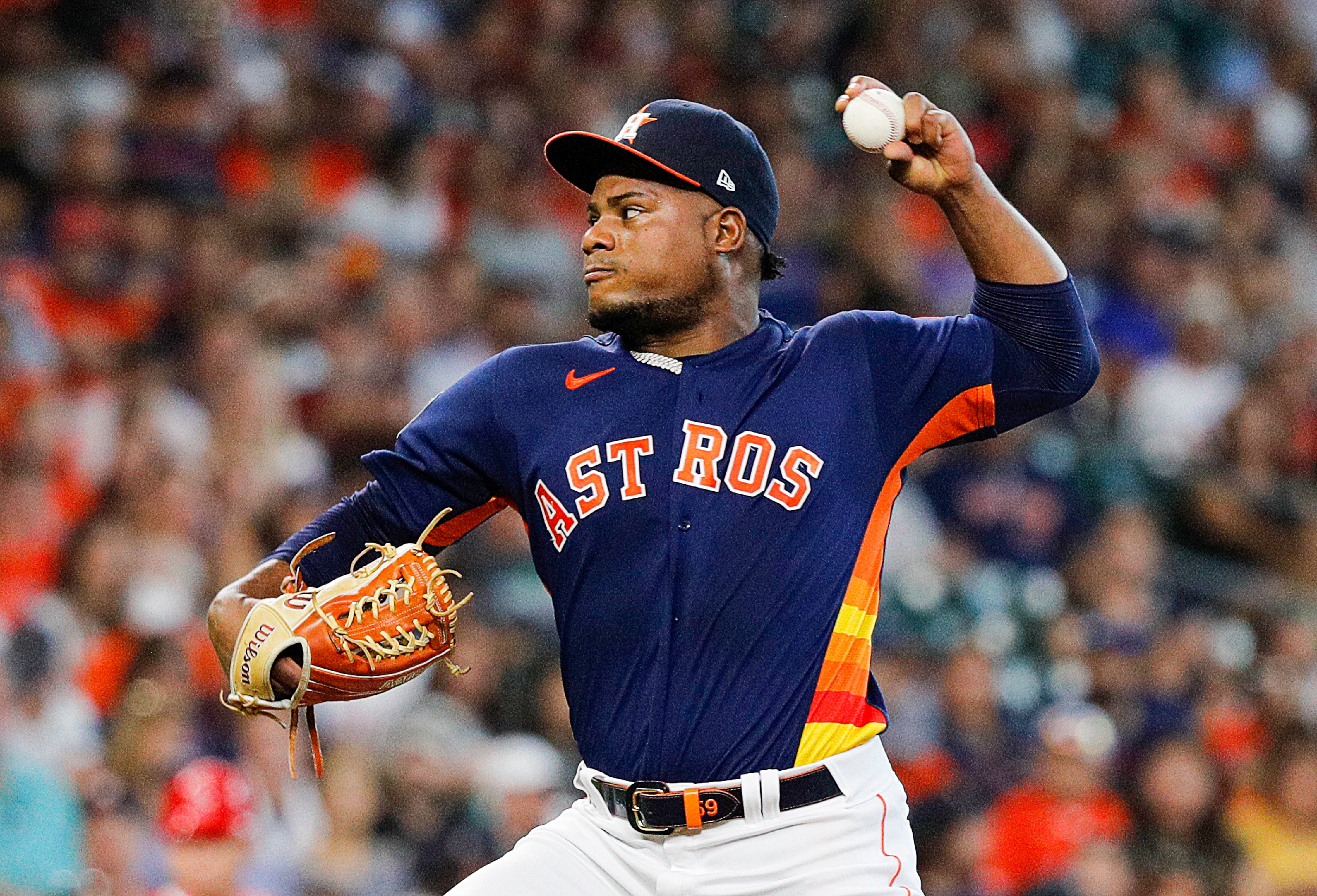 HOUSTON, TEXAS - JULY 03: Framber Valdez #59 of the Houston Astros pitches in the first inning against the Los Angeles Angels at Minute Maid Park on July 03, 2022 in Houston, Texas. (Photo by Bob Levey/Getty Images)