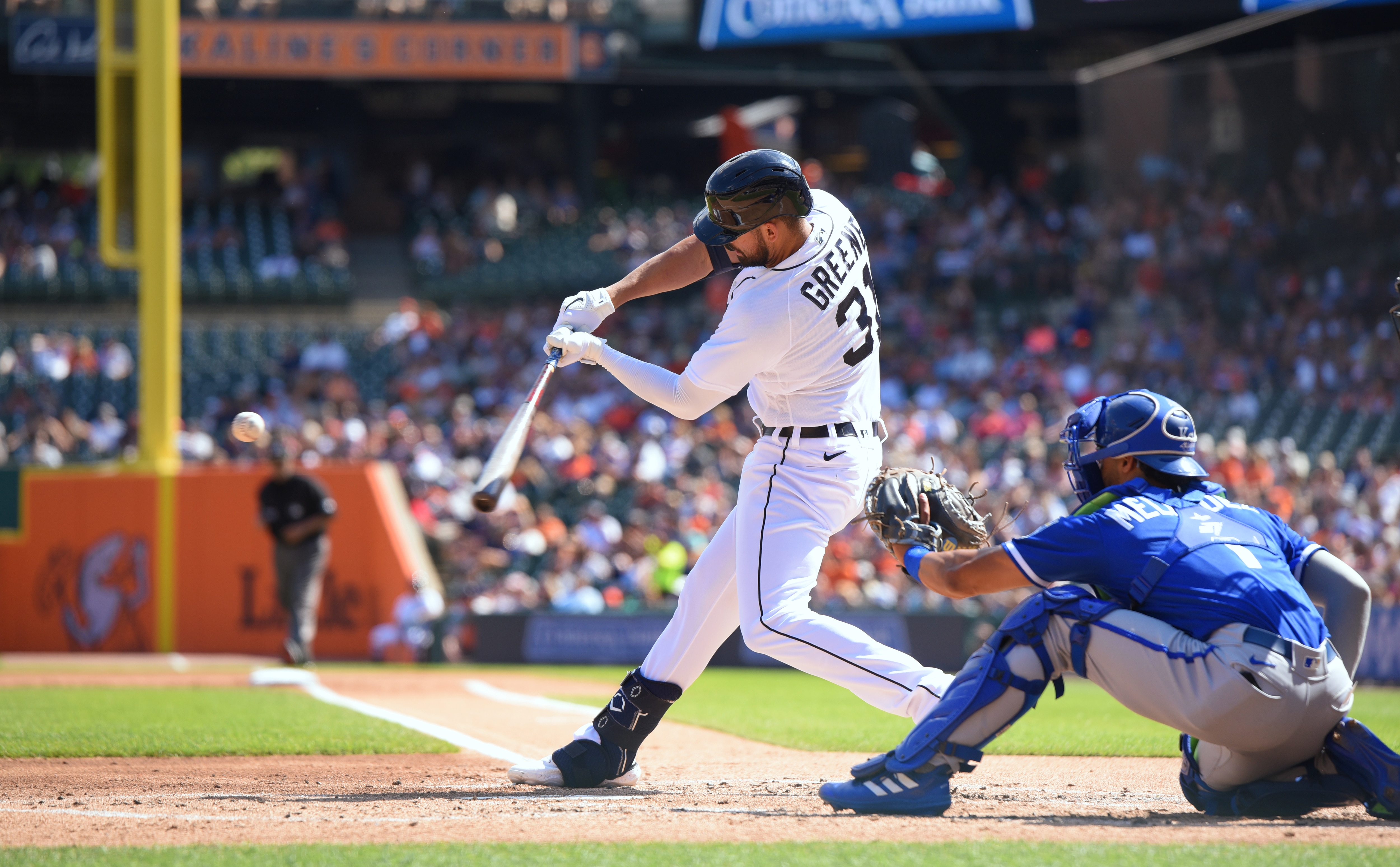 DETROIT, MI - JULY 02:  Riley Greene #31 of the Detroit Tigers bats during the game against the Kansas City Royals at Comerica Park on July 2, 2022 in Detroit, Michigan. The Tigers defeated the Royals 4-3.  (Photo by Mark Cunningham/MLB Photos via Getty Images)