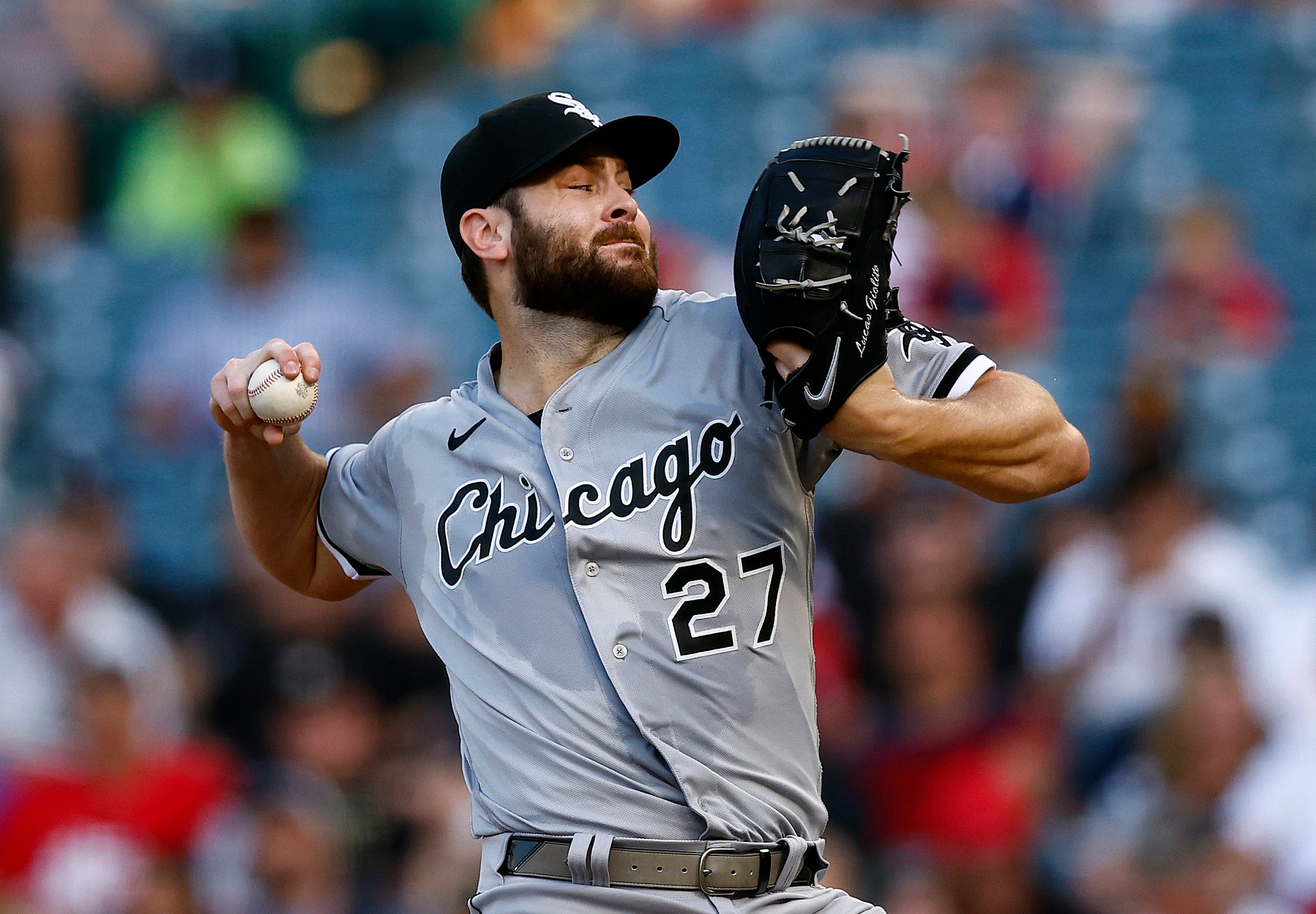 ANAHEIM, CALIFORNIA - JUNE 27:  Lucas Giolito #27 of the Chicago White Sox throws against the Los Angeles Angels in the first inning at Angel Stadium of Anaheim on June 27, 2022 in Anaheim, California. (Photo by Ronald Martinez/Getty Images)