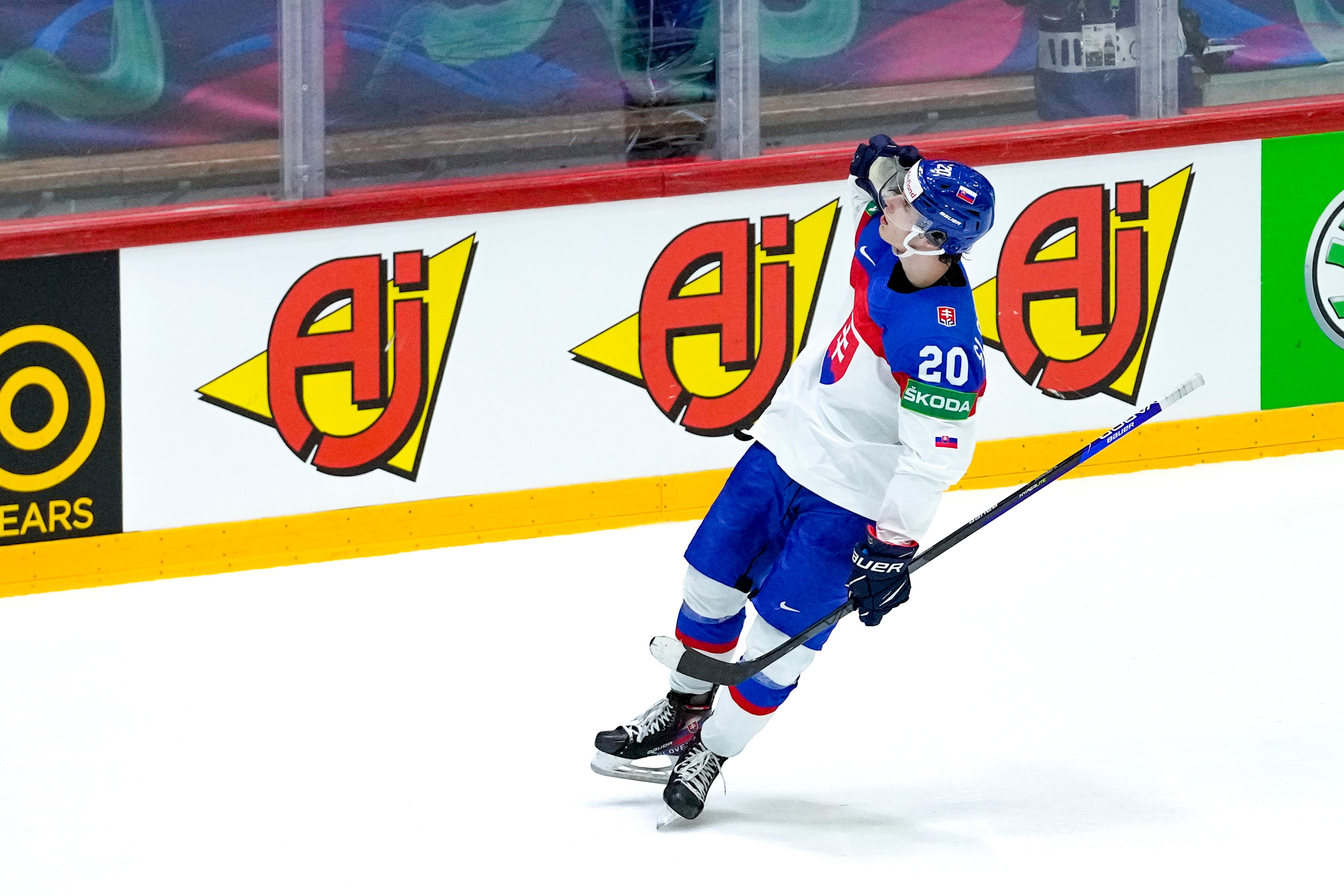 HELSINKI, FINLAND - MAY 20: Juraj Slafkovsky of Slovakia celebrates his goal during the 2022 IIHF Ice Hockey World Championship match between Kazakhstan and Slovakia at Helsinki Ice Hall on May 20, 2022 in Helsinki, Finland. (Photo by Jari Pestelacci/Eurasia Sport Images/Getty Images)