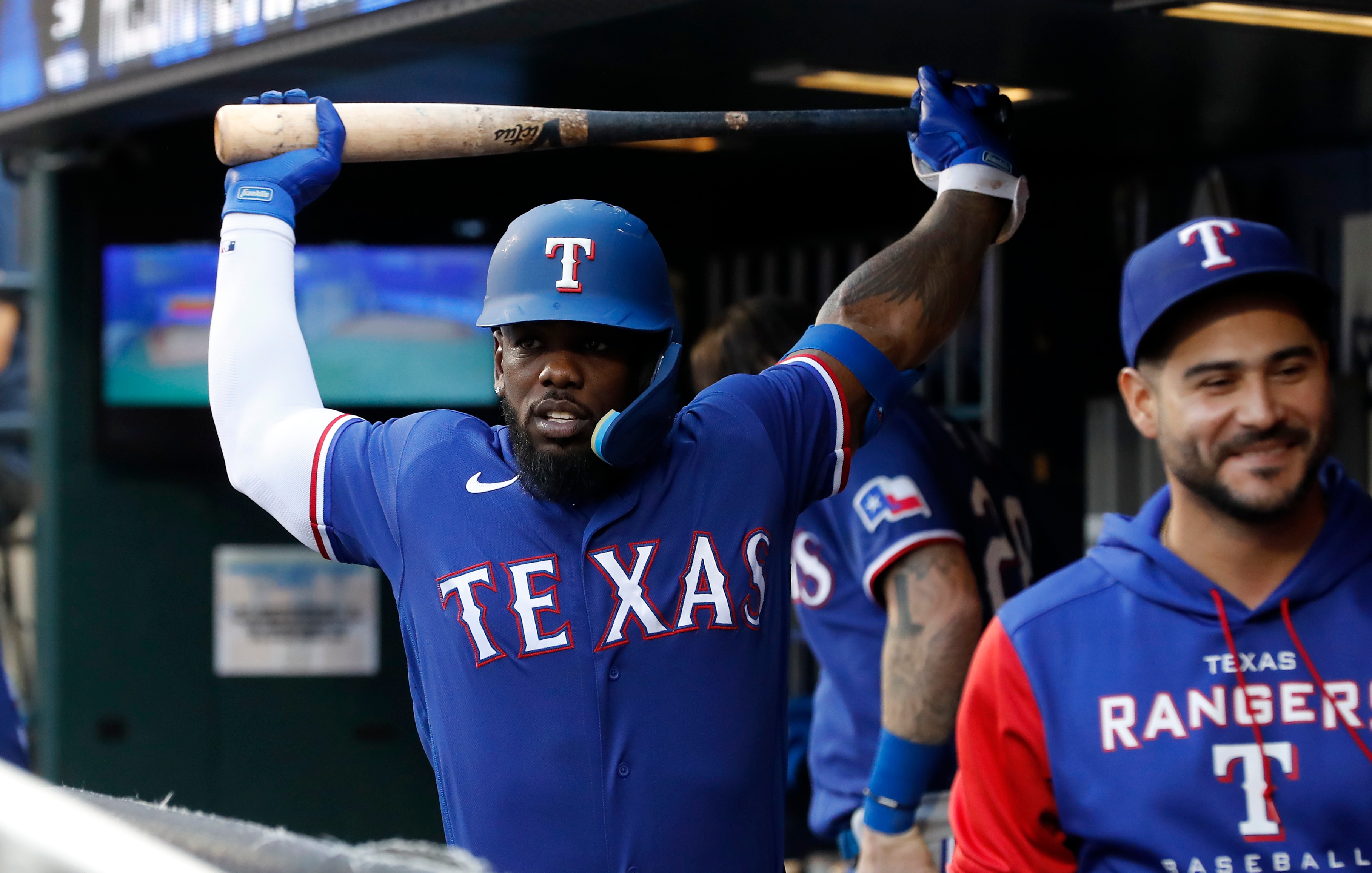 NEW YORK, NEW YORK - JULY 01: Adolis Garcia #53 of the Texas Rangers prepares for a game against the New York Mets at Citi Field on July 01, 2022 in New York City. The Mets defeated the Rangers 4-3. (Photo by Jim McIsaac/Getty Images)