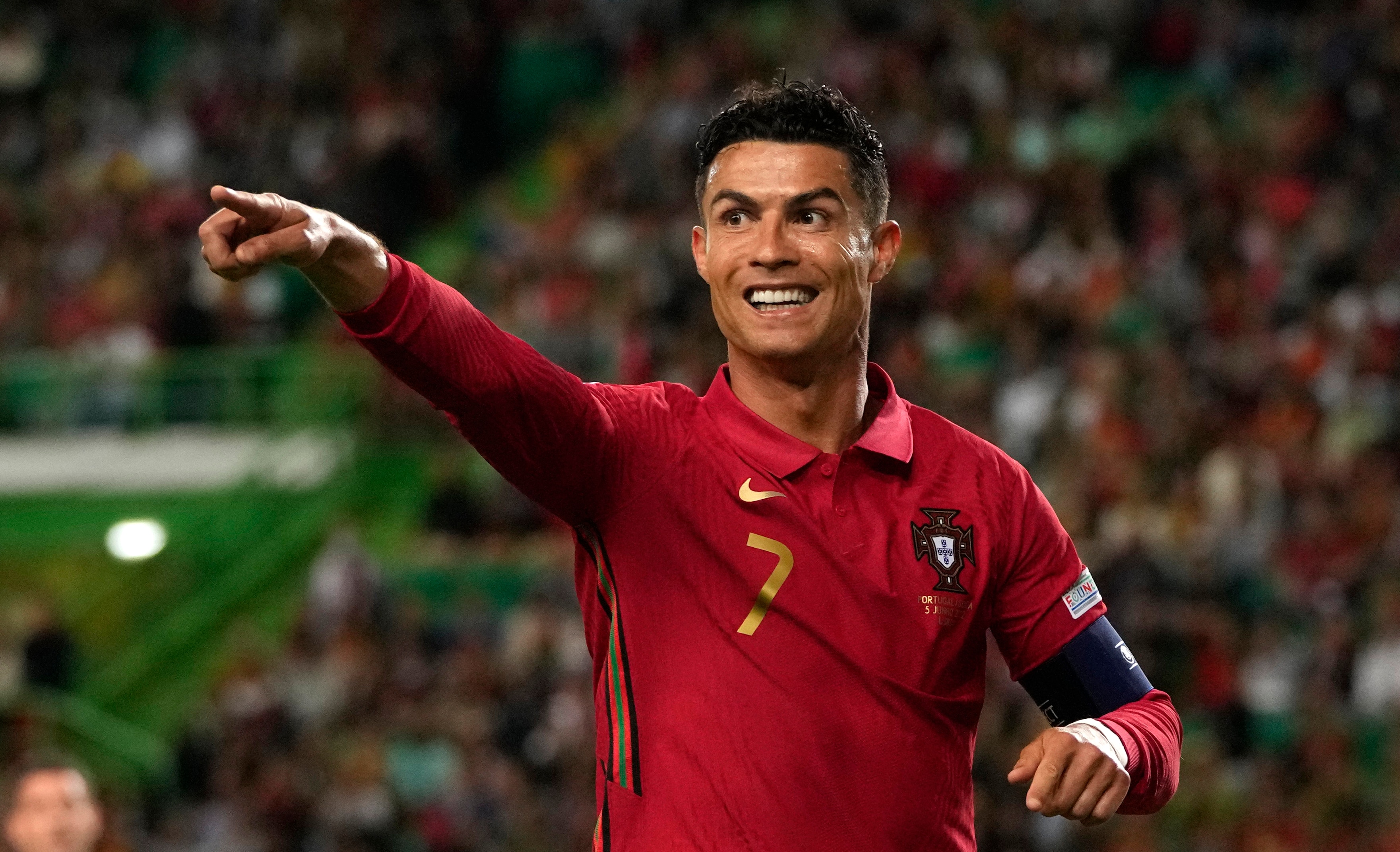 Portugal's Cristiano Ronaldo gestures during the UEFA Nations League soccer match between Portugal and Switzerland, at the Jose Alvalade Stadium in Lisbon, Portugal, Sunday, June 5, 2022. (AP Photo/Armando Franca)
