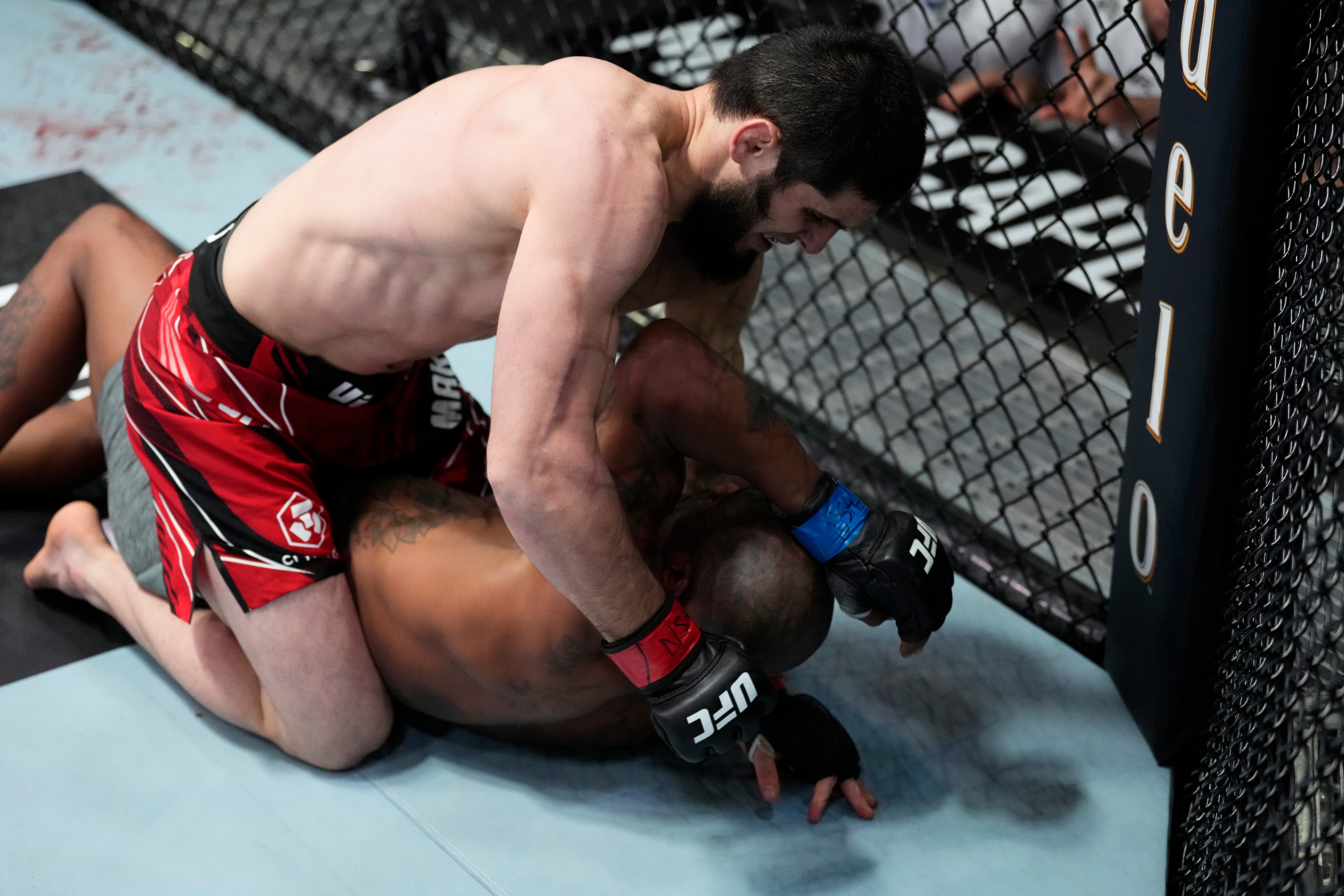 LAS VEGAS, NEVADA - FEBRUARY 26: (L-R) Islam Makhachev of Russia punches Bobby Green in their lightweight fight during the UFC Fight Night event at UFC APEX on February 26, 2022 in Las Vegas, Nevada. (Photo by Chris Unger/Zuffa LLC)