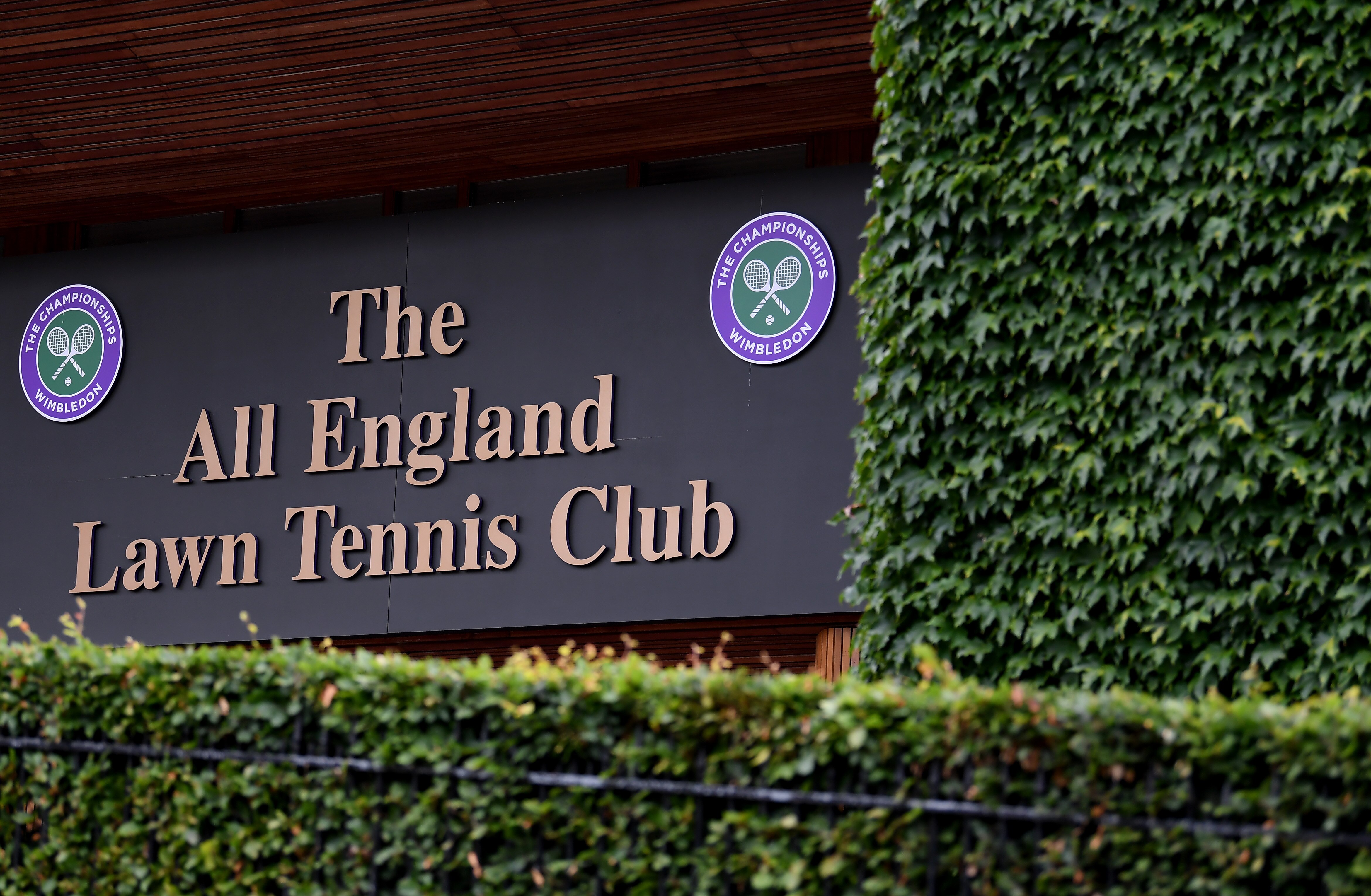 WIMBLEDON, ENGLAND - JUNE 29:  A detailed view of the Wimbledon Logo from outside The All England Tennis and Croquet Club on June 29, 2020 in Wimbledon, England. The Wimbledon Tennis Championships were due to start today, but were cancelled due to the coronavirus pandemic. (Photo by Alex Davidson/Getty Images)