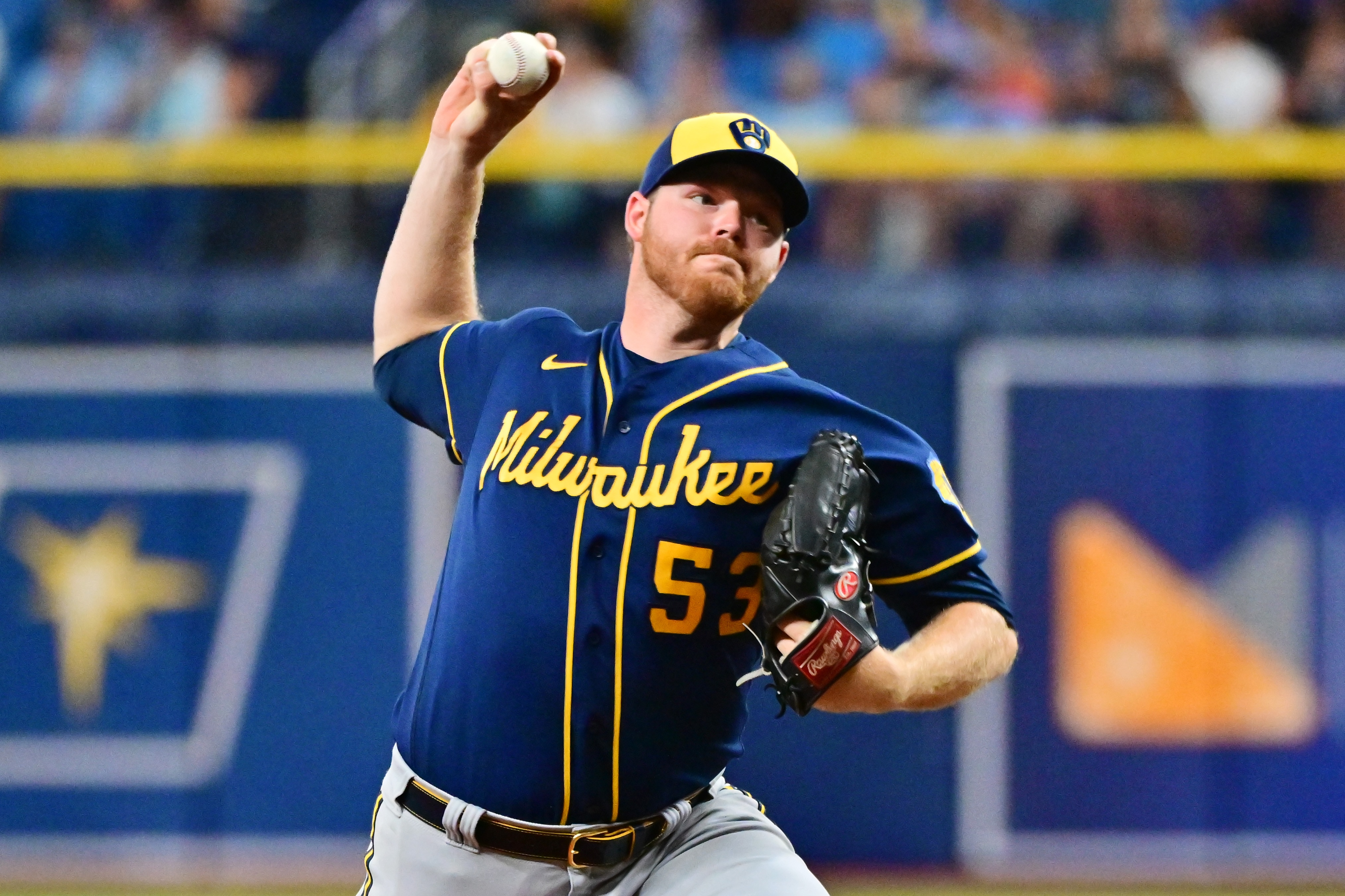ST PETERSBURG, FLORIDA - JUNE 28: Brandon Woodruff #53 of the Milwaukee Brewers delivers a pitch to the Tampa Bay Rays in the first inning at Tropicana Field on June 28, 2022 in St Petersburg, Florida. (Photo by Julio Aguilar/Getty Images)