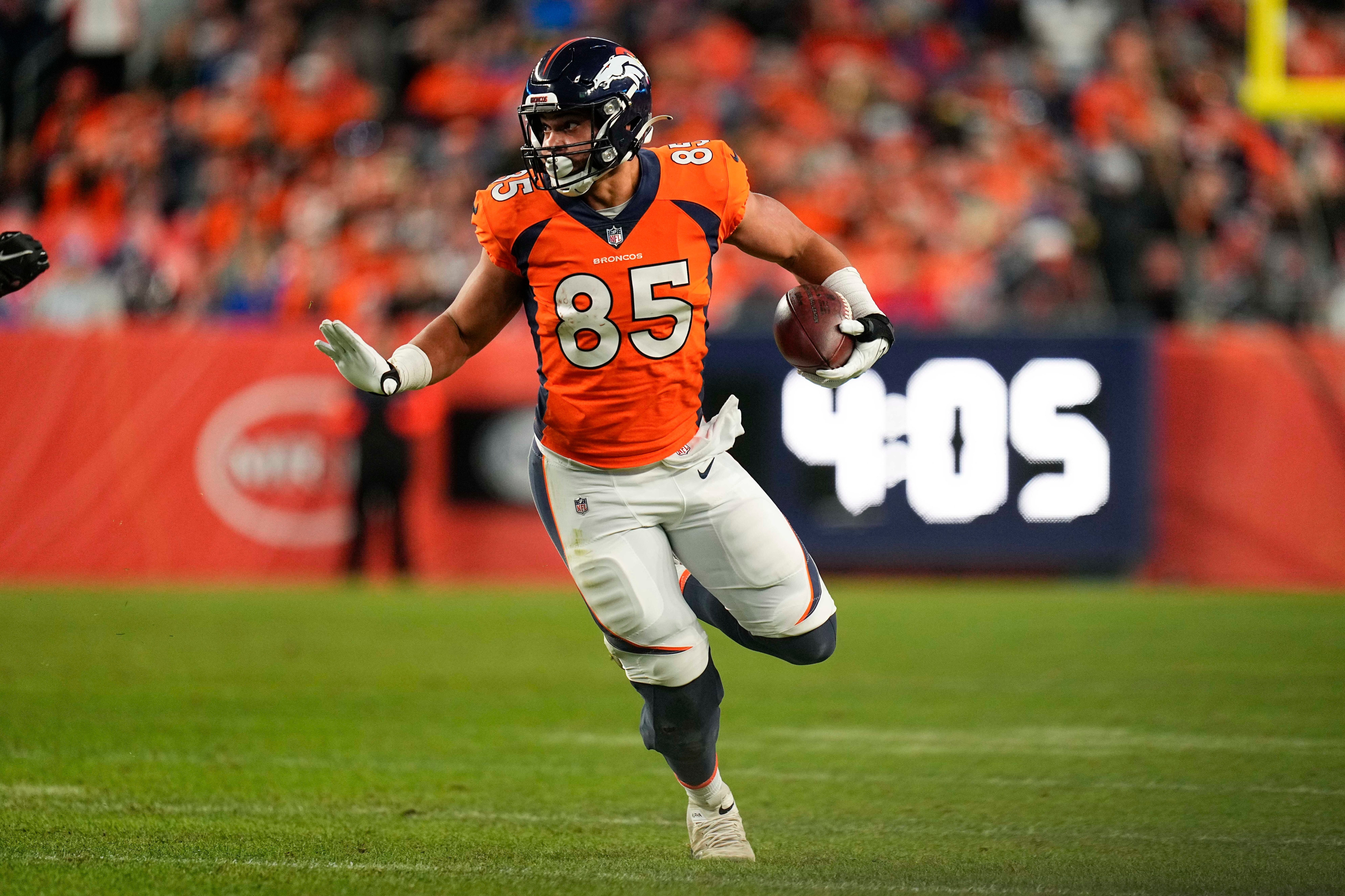 Denver Broncos tight end Albert Okwuegbunam (85) runs against the Detroit Lions during an NFL football game Sunday, Dec. 12, 2021, in Denver. (AP Photo/Jack Dempsey) Denver Broncos tight end Albert Okwuegbunam (85) runs against the Detroit Lions during an NFL football game Sunday, Dec. 12, 2021, in Denver. (AP Photo/Jack Dempsey)