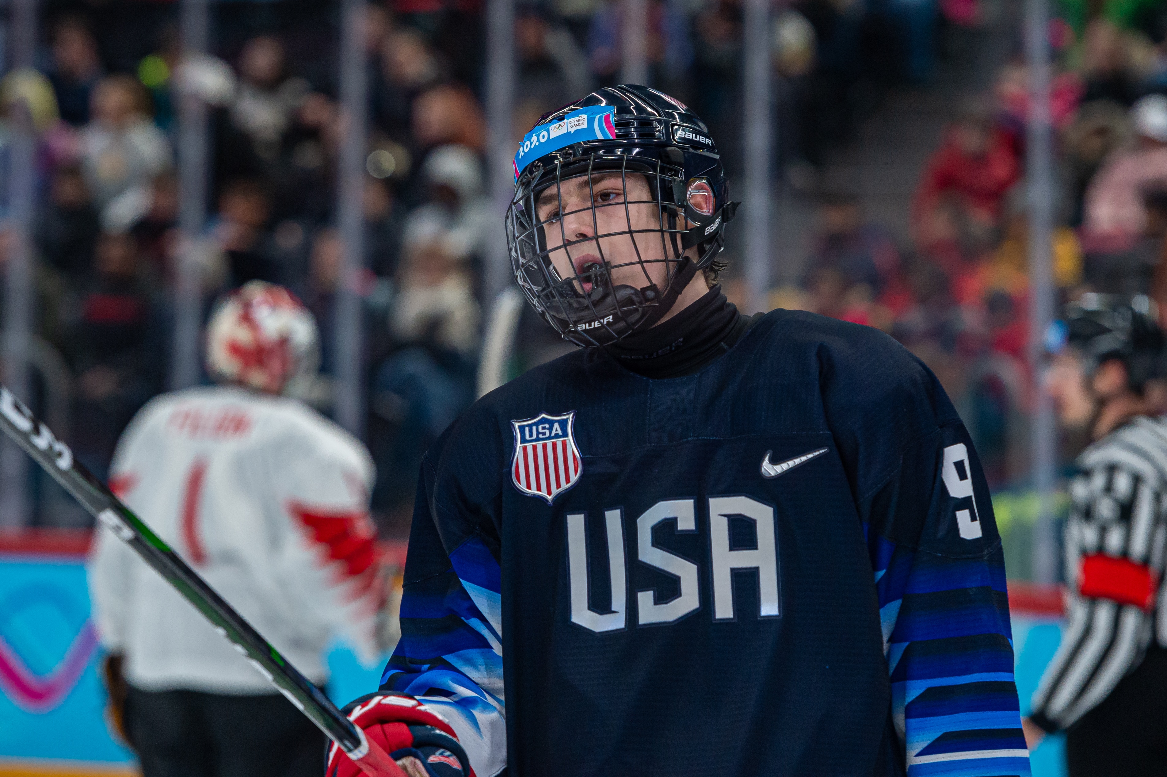 LAUSANNE, SWITZERLAND - JANUARY 21: #9 Cutter Gauthier of United States looks on during Men's 6-Team Tournament Semifinals Game between United States and Canada of the Lausanne 2020 Winter Youth Olympics on January 21, 2020 in Lausanne, Switzerland. (Photo by RvS.Media/Monika Majer/Getty Images) LAUSANNE, SWITZERLAND - JANUARY 21: #9 Cutter Gauthier of United States looks on during Men's 6-Team Tournament Semifinals Game between United States and Canada of the Lausanne 2020 Winter Youth Olympics on January 21, 2020 in Lausanne, Switzerland. (Photo by RvS.Media/Monika Majer/Getty Images)