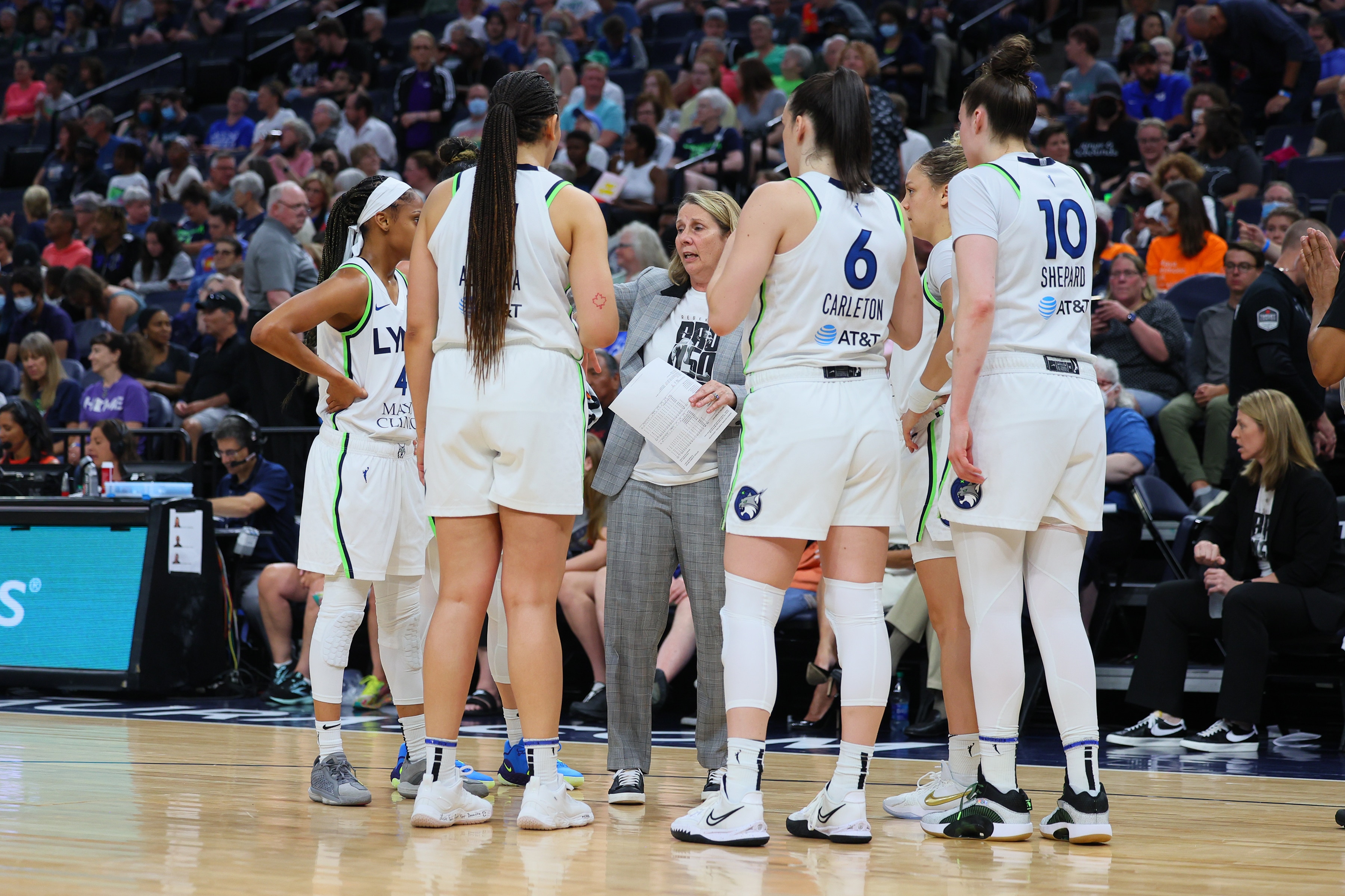 MINNEAPOLIS, MN -  JULY 3: Las Vegas Aces huddle during the game against the Las Vegas Aces on July 3, 2022 at Target Center in Minneapolis, Minnesota. NOTE TO USER: User expressly acknowledges and agrees that, by downloading and or using this Photograph, user is consenting to the terms and conditions of the Getty Images License Agreement. Mandatory Copyright Notice: Copyright 2022 NBAE (Photo by Adam Bettcher/NBAE via Getty Images)