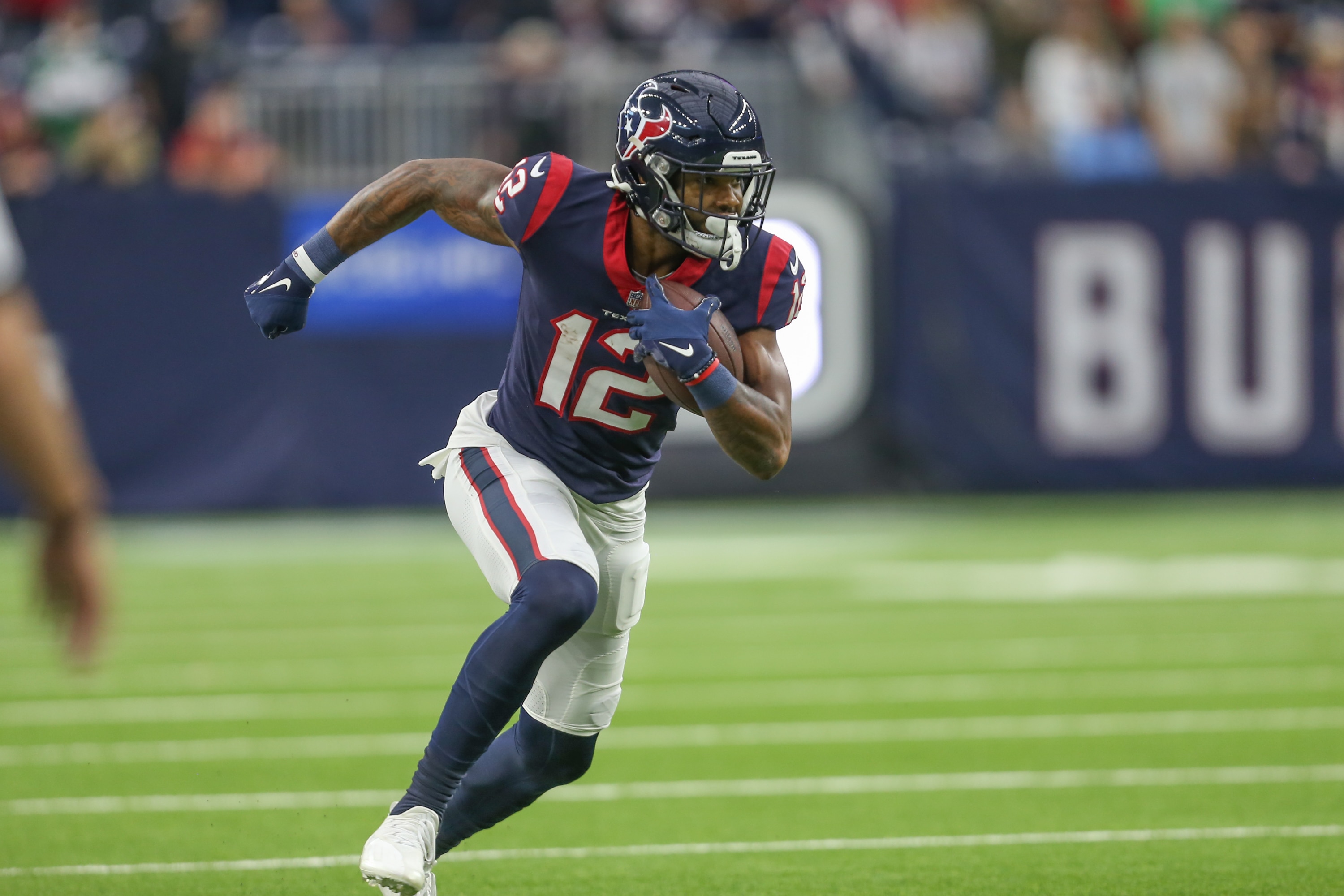 HOUSTON, TX - NOVEMBER 28: Houston Texans wide receiver Nico Collins (12) runs after a catch during the game between the Houston Texans and New York Jets on November 28, 2021 at NRG Stadium in Houston, TX. (Photo by George Walker/Icon Sportswire via Getty Images) HOUSTON, TX - NOVEMBER 28: Houston Texans wide receiver Nico Collins (12) runs after a catch during the game between the Houston Texans and New York Jets on November 28, 2021 at NRG Stadium in Houston, TX. (Photo by George Walker/Icon Sportswire via Getty Images)