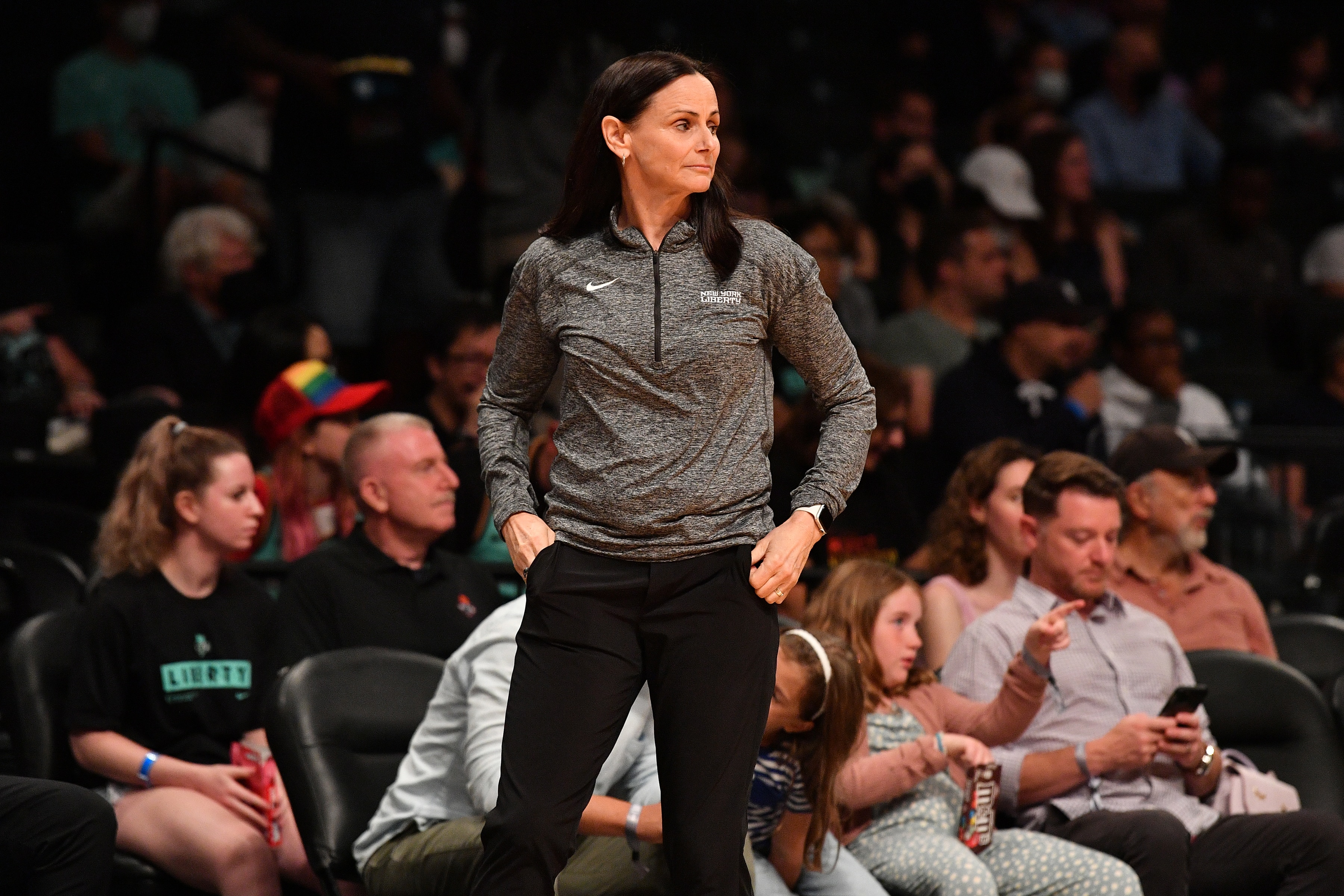 BROOKLYN, NY - JUNE 30: Head Coach Sandy Brondello of the New York Liberty looks on during the game against the Atlanta Dream  on June 30, 2022 at the Barclays Center in Brooklyn, New York. NOTE TO USER: User expressly acknowledges and agrees that, by downloading and or using this photograph, user is consenting to the terms and conditions of the Getty Images License Agreement. Mandatory Copyright Notice: Copyright 2022 NBAE (Photo by Catalina Fragoso/NBAE via Getty Images)