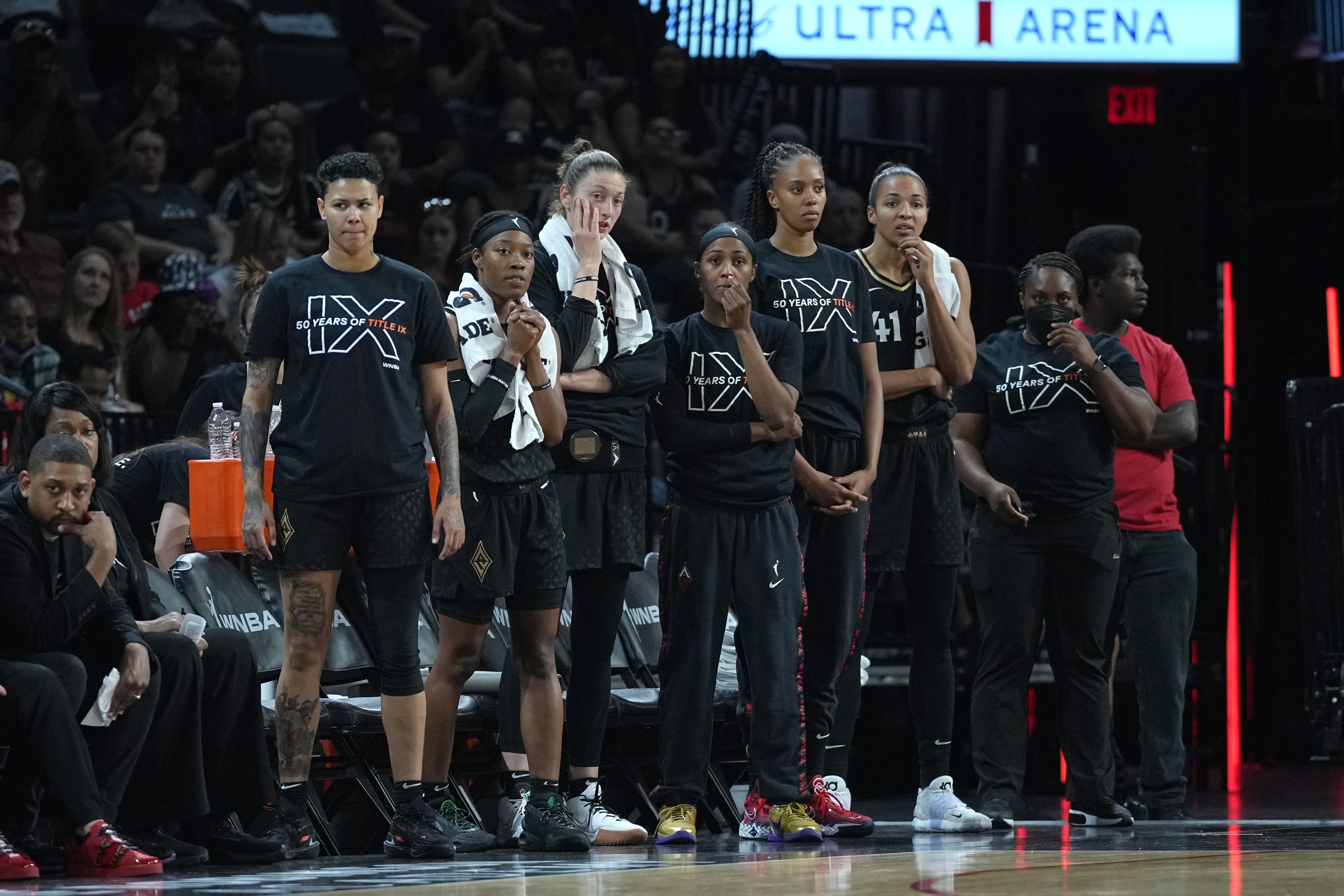 LAS VEGAS, NV - JUNE 21: Las Vegas Aces bench looks on during the game against the Chicago Sky on June 21, 2022 at Michelob ULTRA Arena in Las Vegas, Nevada. NOTE TO USER: User expressly acknowledges and agrees that, by downloading and or using this photograph, User is consenting to the terms and conditions of the Getty Images License Agreement. Mandatory Copyright Notice: Copyright 2022 NBAE (Photo by Jeff Bottari/NBAE via Getty Images)
