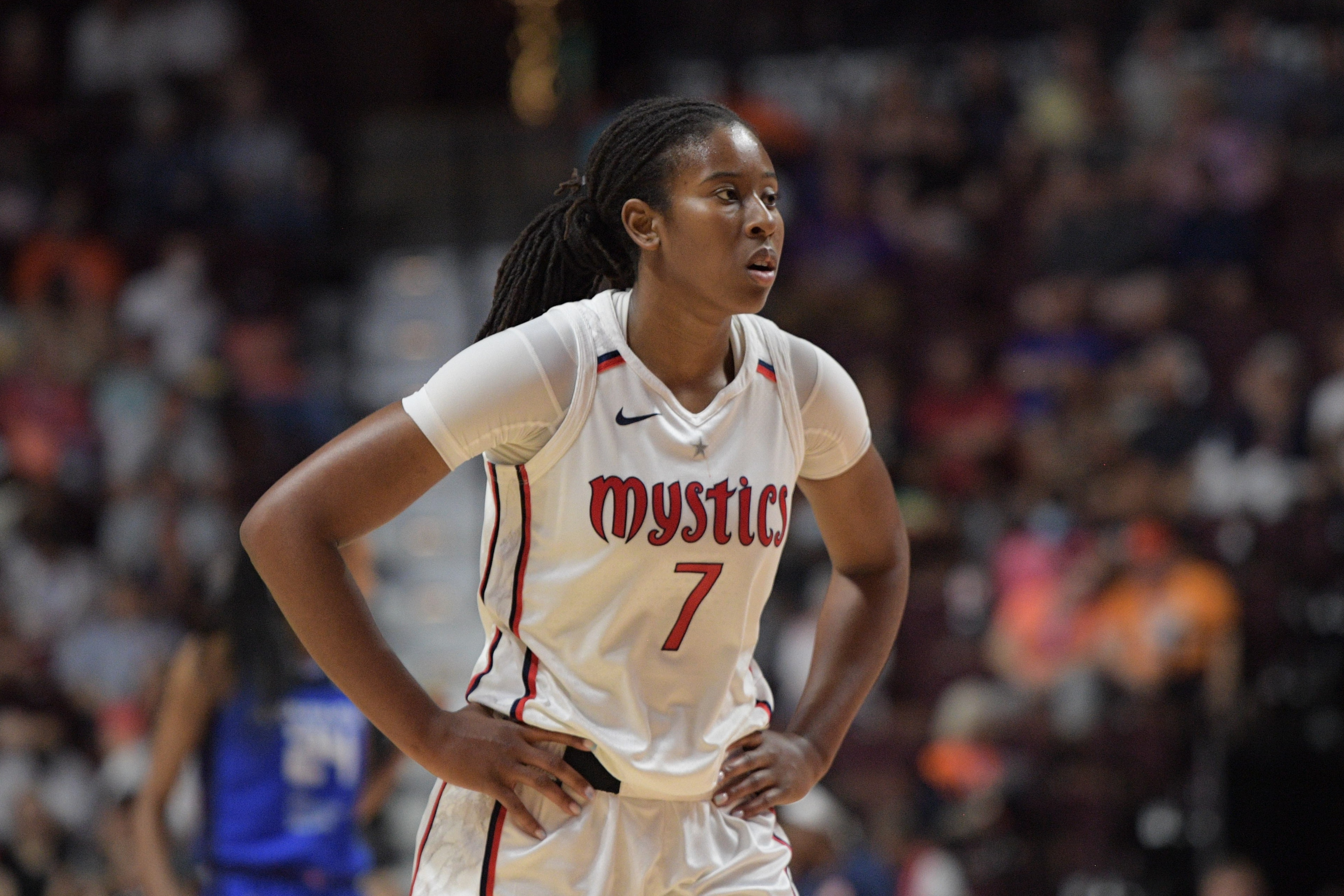 UNCASVILLE, CT - JULY 03: Washington Mystics guard Ariel Atkins (7) looks on during the WNBA game between the Washington Mystics and the Connecticut Sun on July 3, 2022, at Mohegan Sun Arena in Uncasville, CT. (Photo by Erica Denhoff/Icon Sportswire via Getty Images)